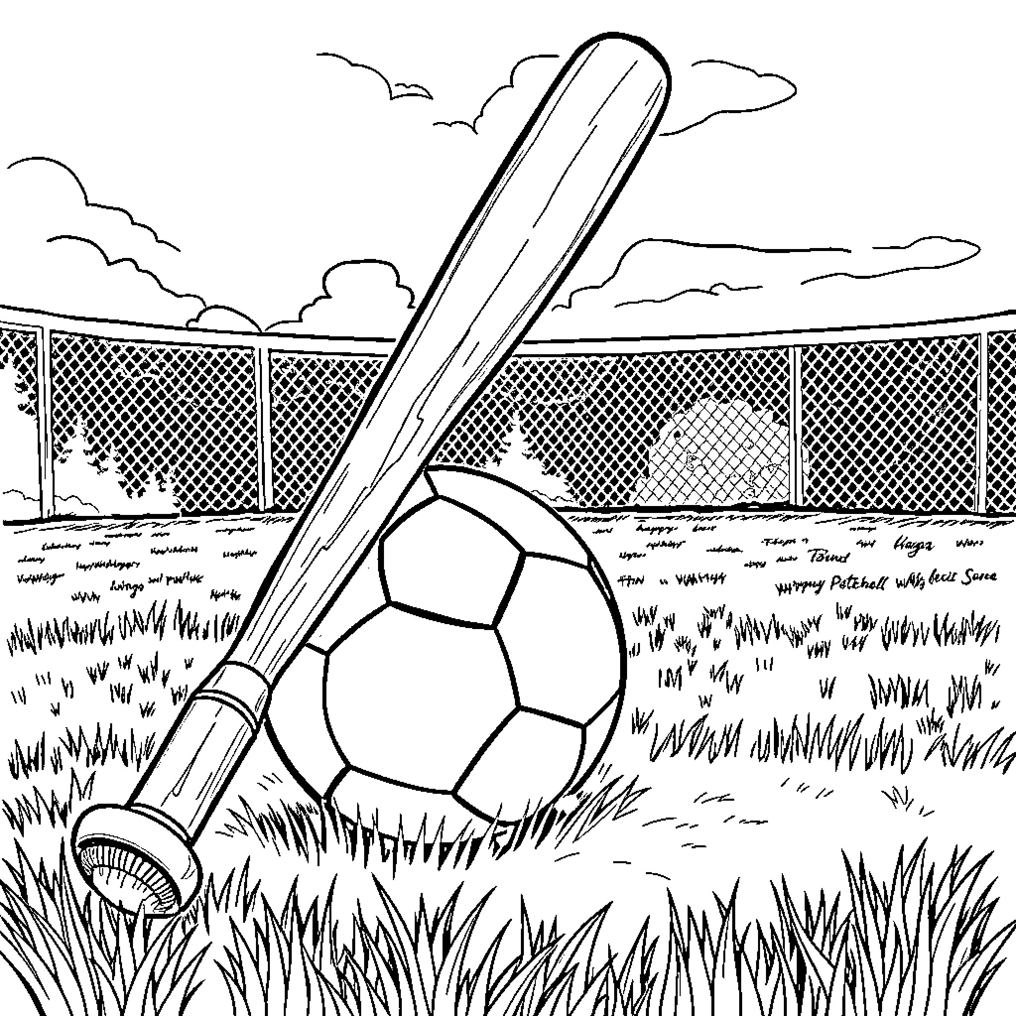 Baseball Bat and Soccer Ball in Outdoor Field Coloring Page (free black-and-white line drawing printable PDF for all, from beginners to advanced learners, including children, teens, adults, and seniors)
