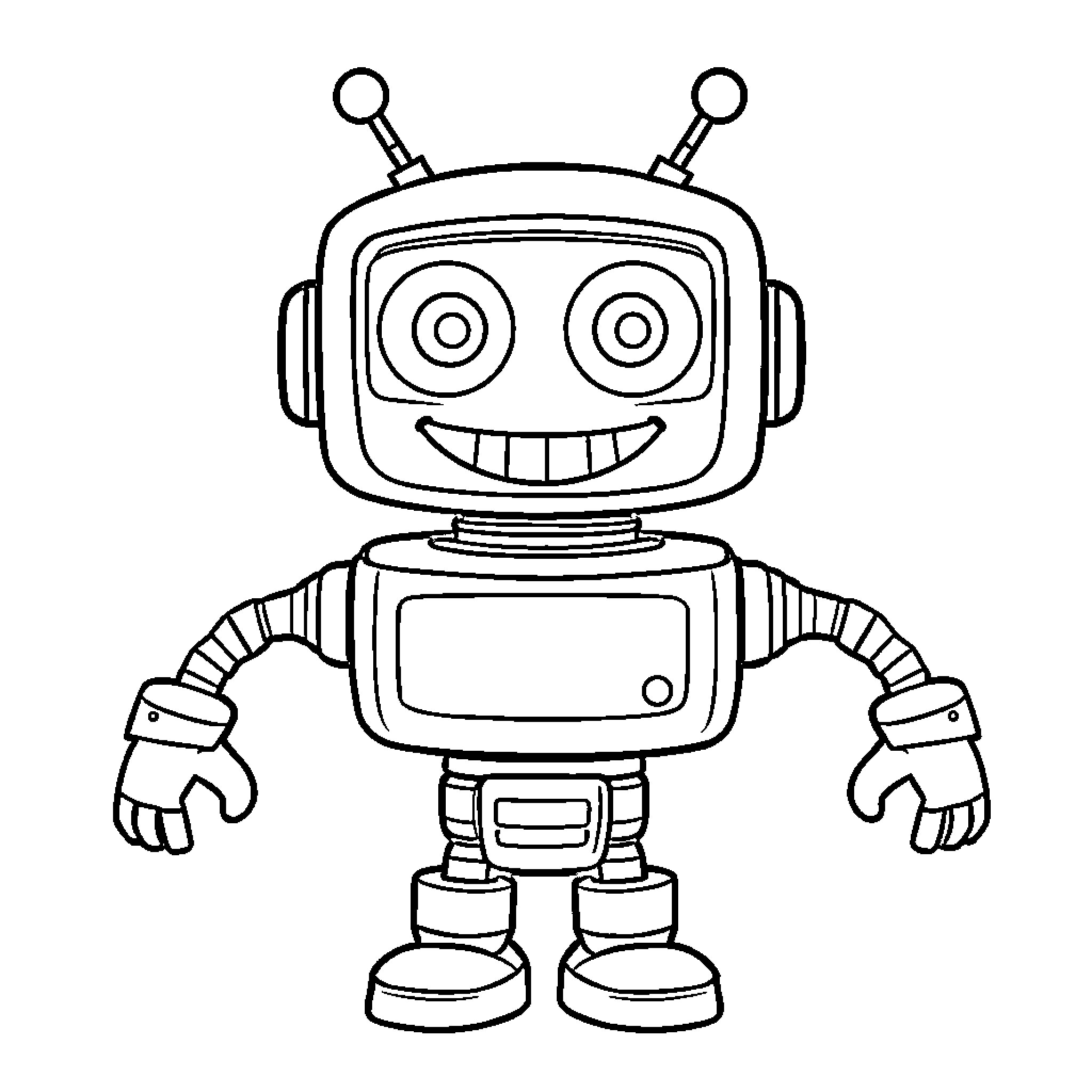Robot with a happy expression and friendly design Coloring Page (free black-and-white line drawing printable PDF for all, from beginners to advanced learners, including children, teens, adults, and seniors)