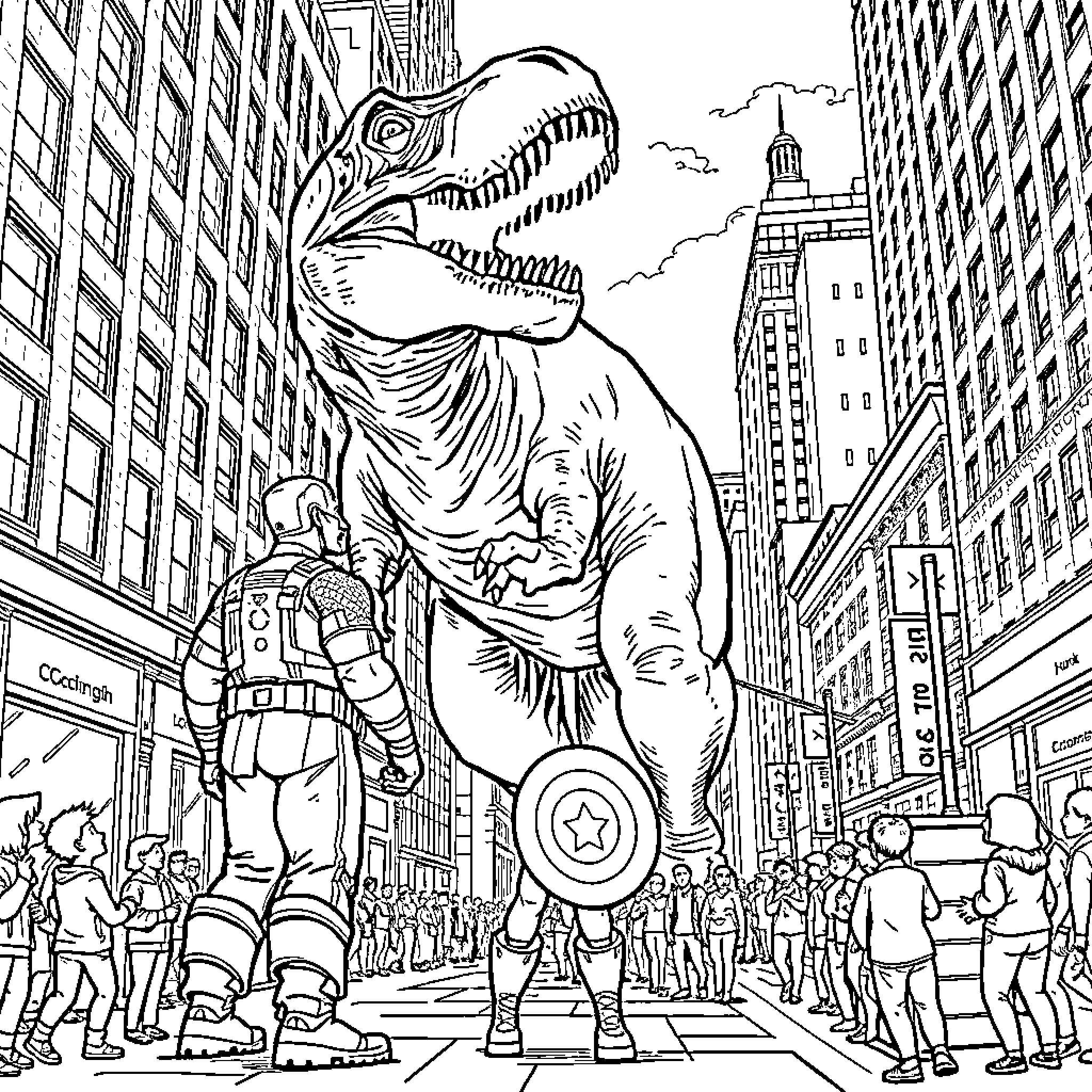 Captain America Encounters Dinosaur in New York City Coloring Page (free black-and-white line drawing printable PDF for all, from beginners to advanced learners, including children, teens, adults, and seniors)