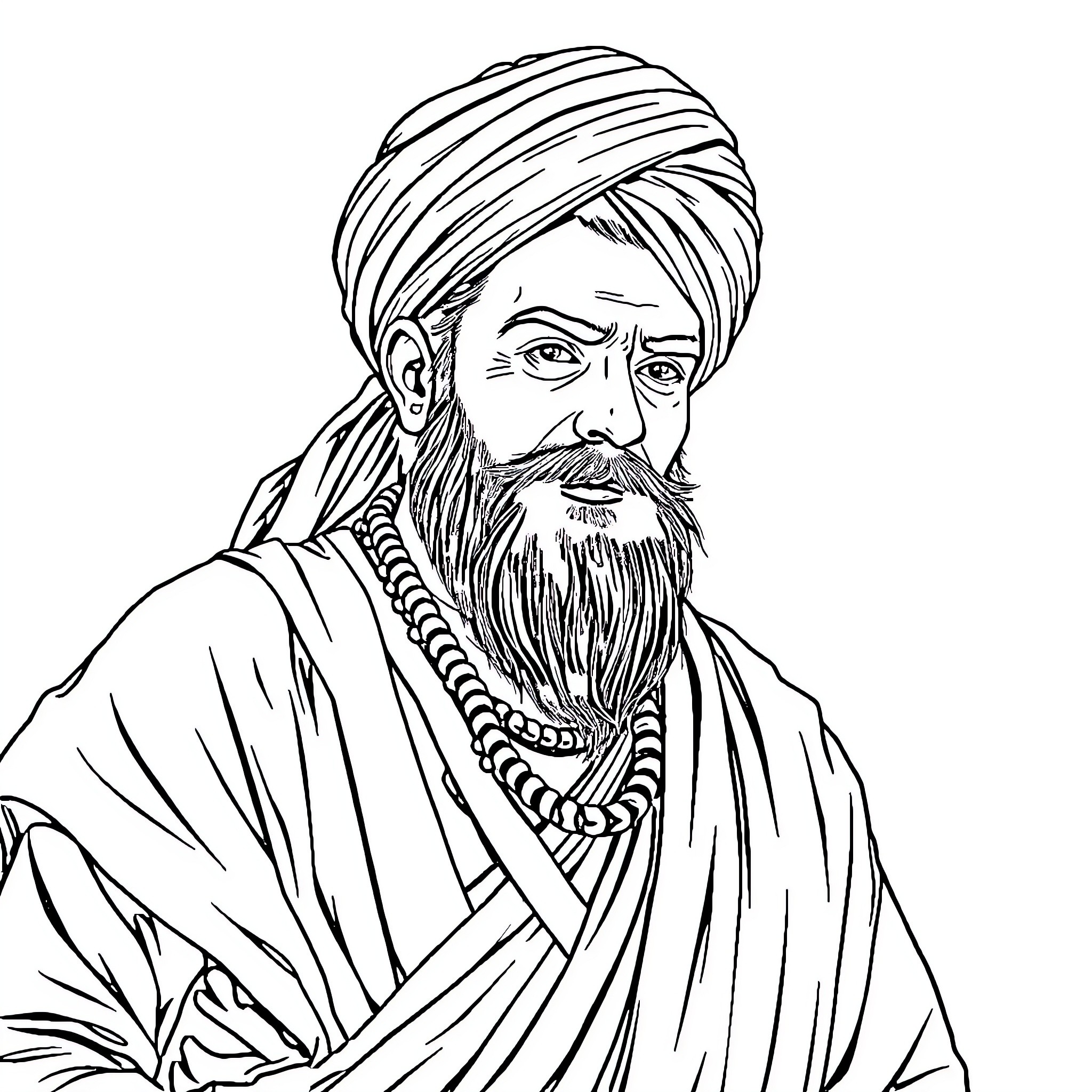 Raje Umaji Naik in traditional attire with thoughtful expression Coloring Page (free black-and-white line drawing printable PDF for all, from beginners to advanced learners, including children, teens, adults, and seniors)