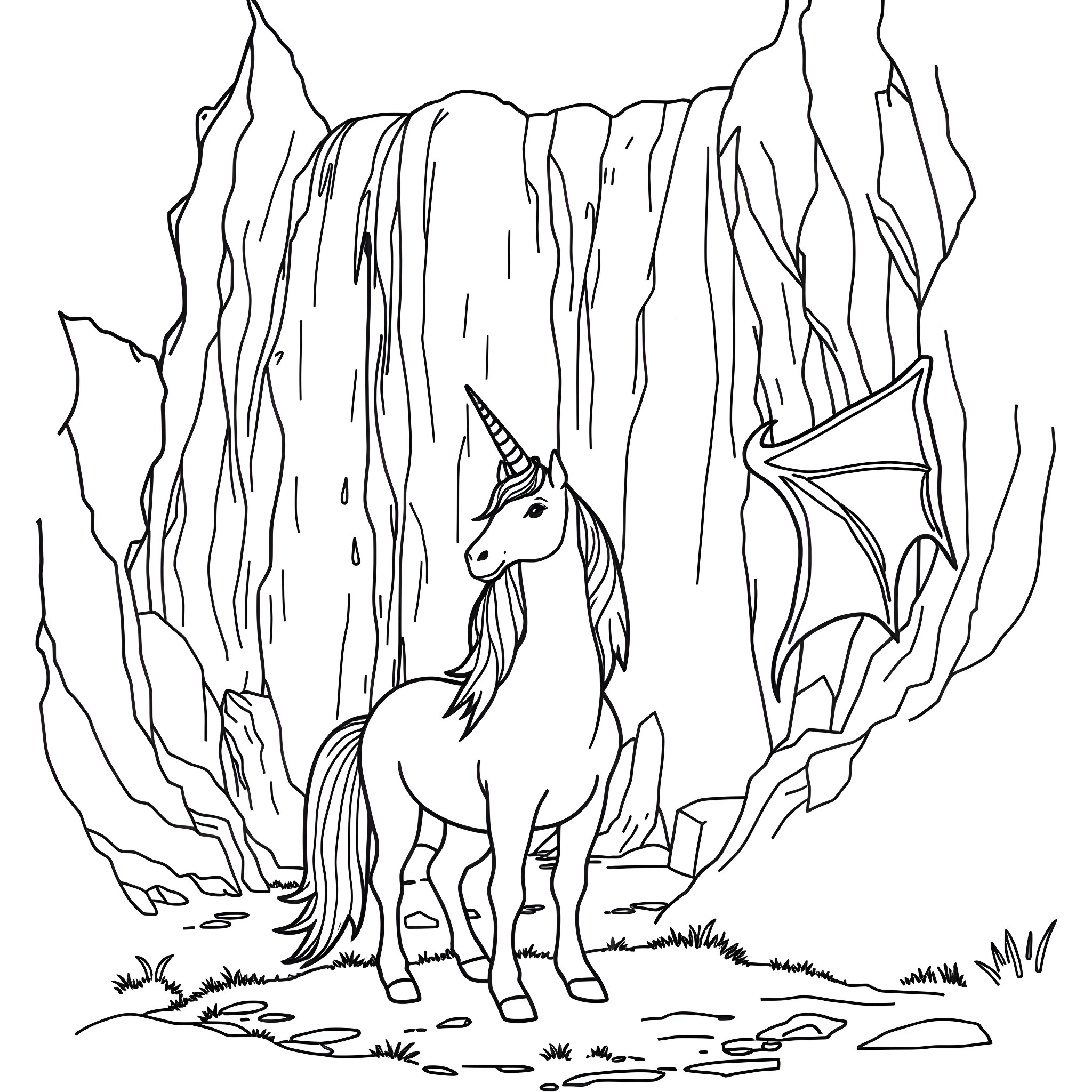 Unicorn standing in a mystical cave Coloring Page (free black-and-white line drawing printable PDF for all, from beginners to advanced learners, including children, teens, adults, and seniors)