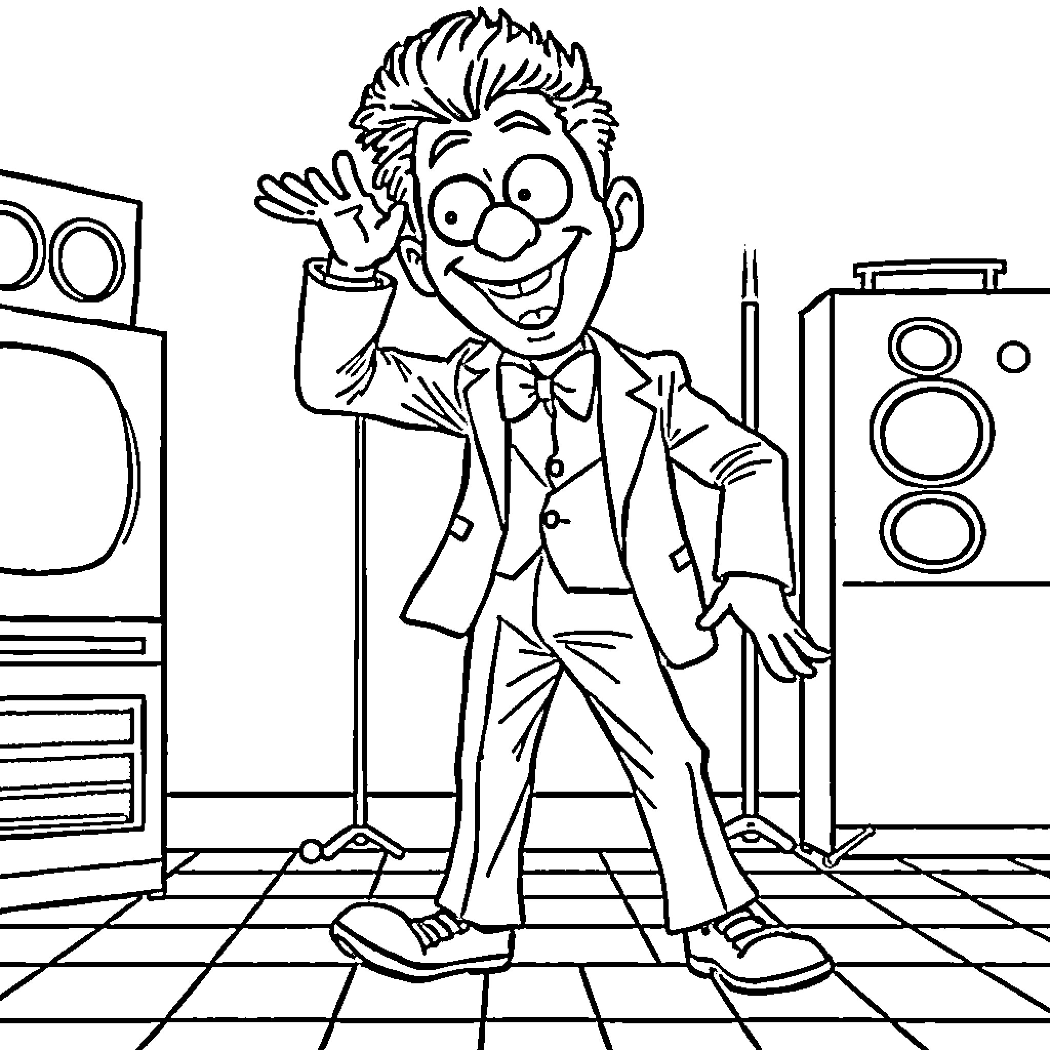 Pink Guy enthusiastically performing on stage Coloring Page (free black-and-white line drawing printable PDF for all, from beginners to advanced learners, including children, teens, adults, and seniors)