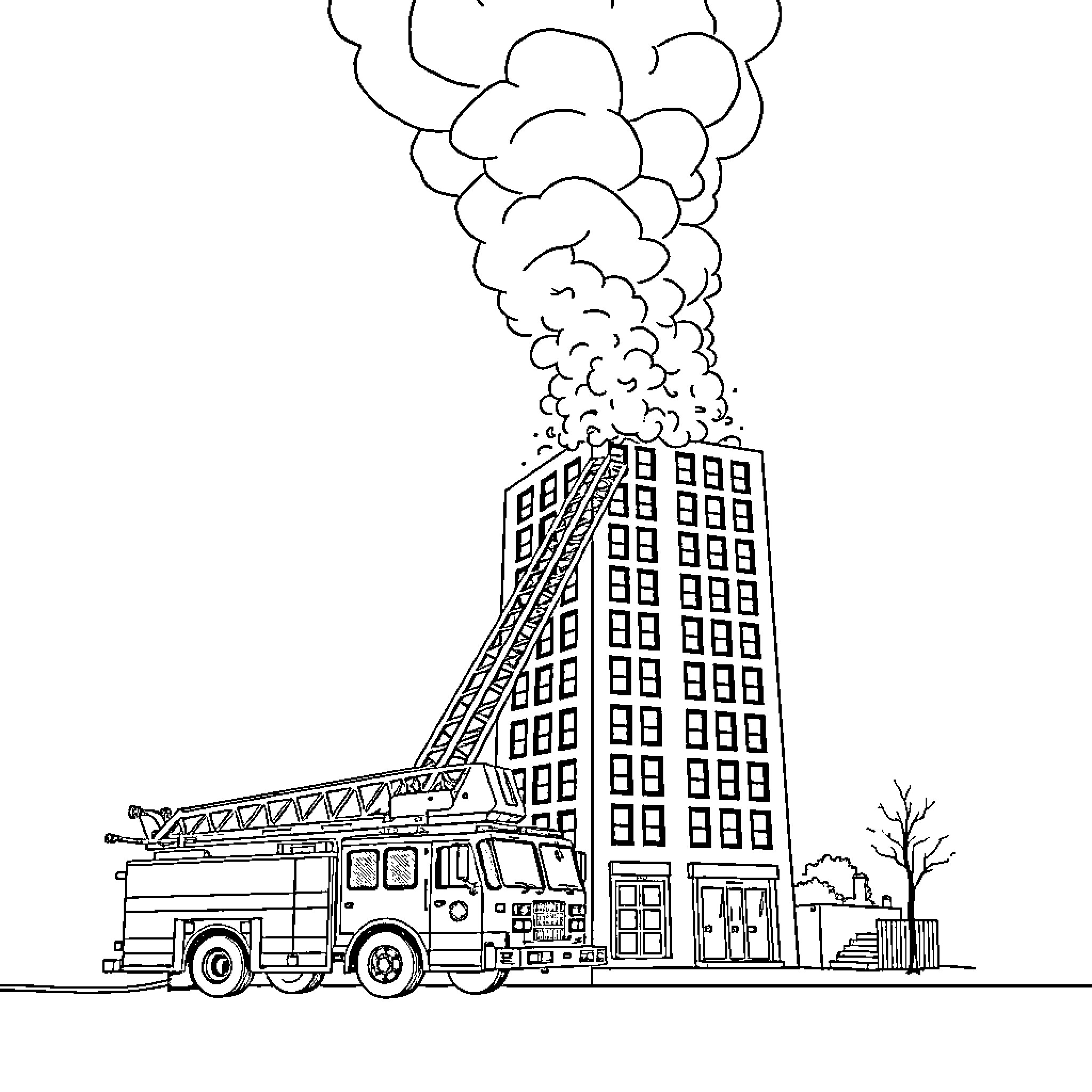 Ladder Engine Responding to Building Fire Coloring Page (free black-and-white line drawing printable PDF for all, from beginners to advanced learners, including children, teens, adults, and seniors)
