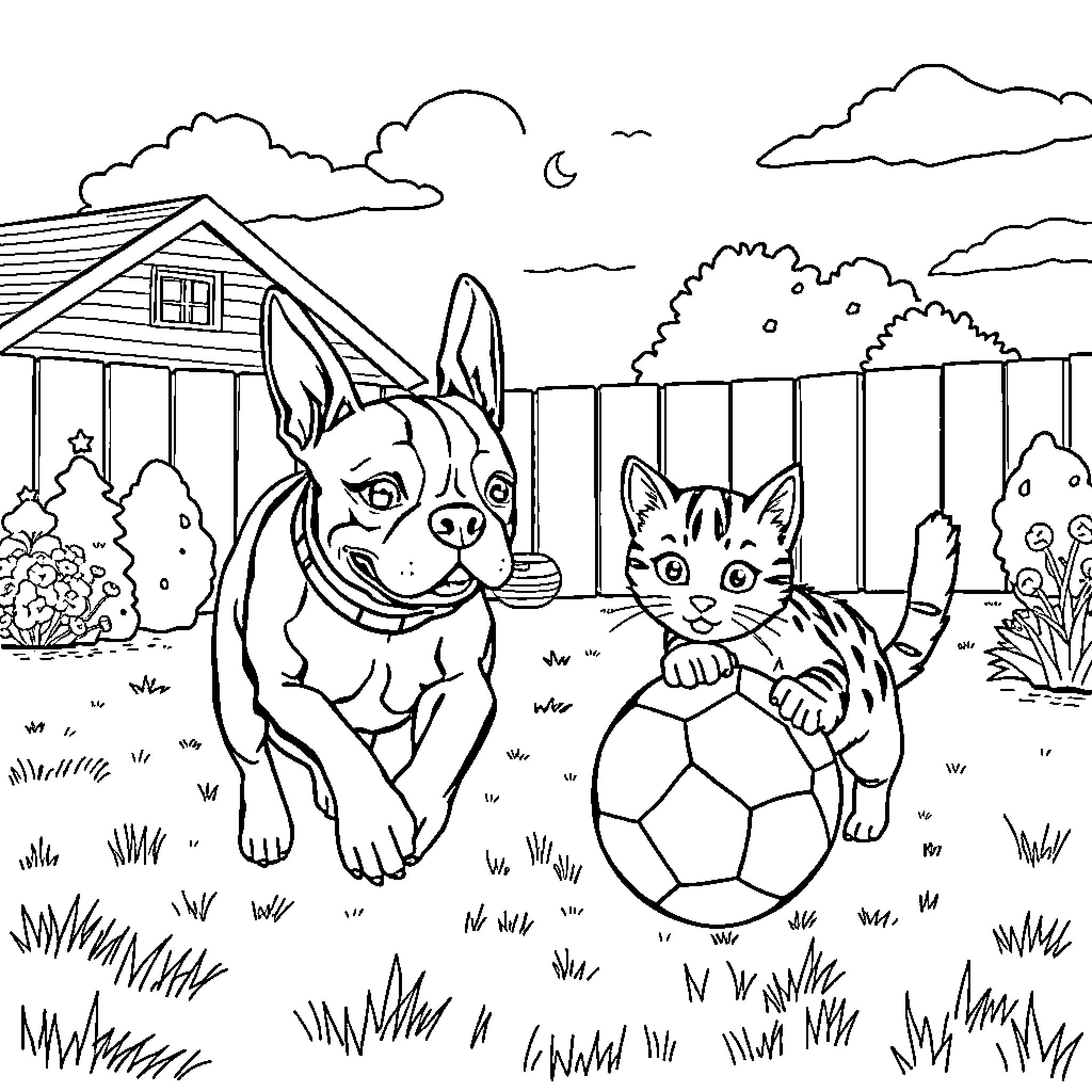 Boston Terrier playing with a cat in the backyard Coloring Page (free black-and-white line drawing printable PDF for all, from beginners to advanced learners, including children, teens, adults, and seniors)