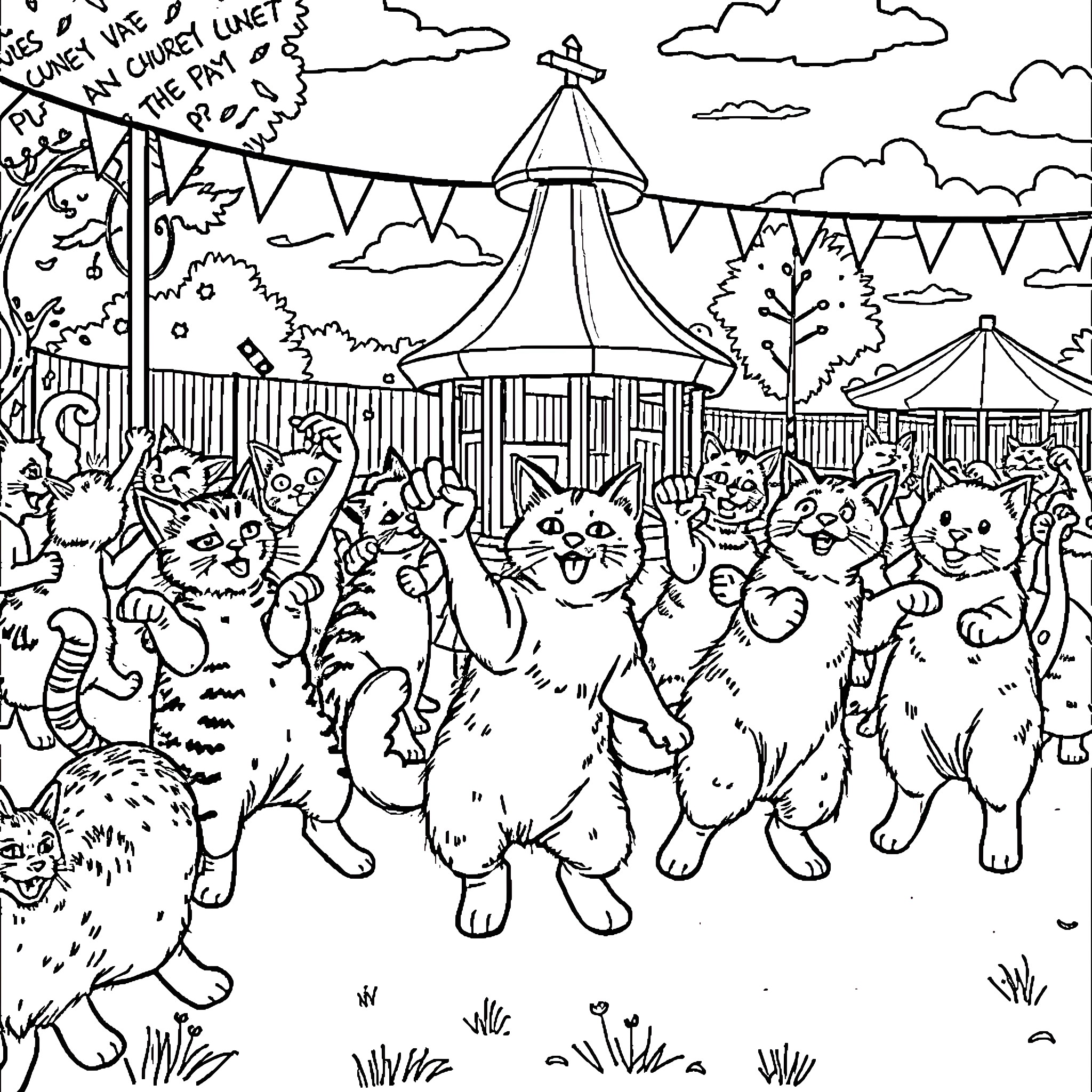 Cat carnival celebration with festive decorations Coloring Page (free black-and-white line drawing printable PDF for all, from beginners to advanced learners, including children, teens, adults, and seniors)