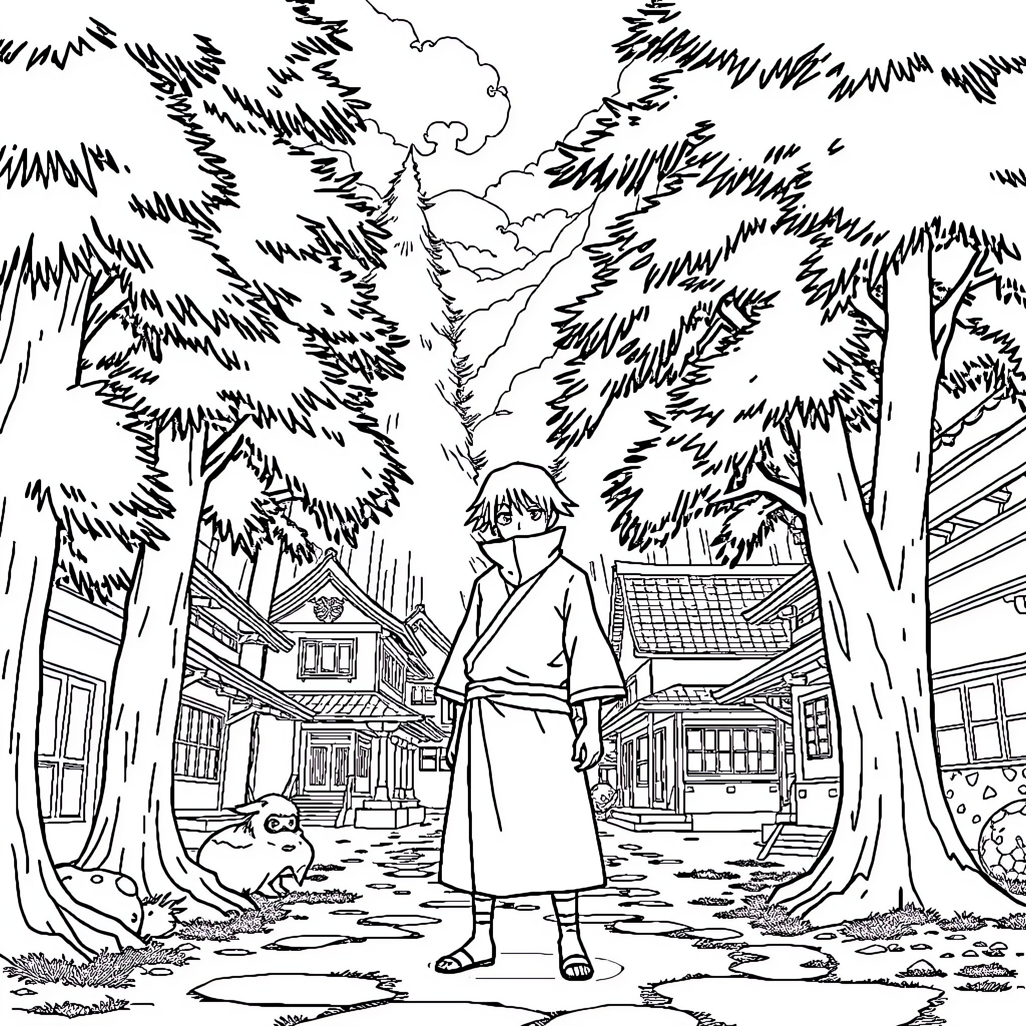 Itachi Uchiha in a tranquil forest village Coloring Page (free black-and-white line drawing printable PDF for all, from beginners to advanced learners, including children, teens, adults, and seniors)