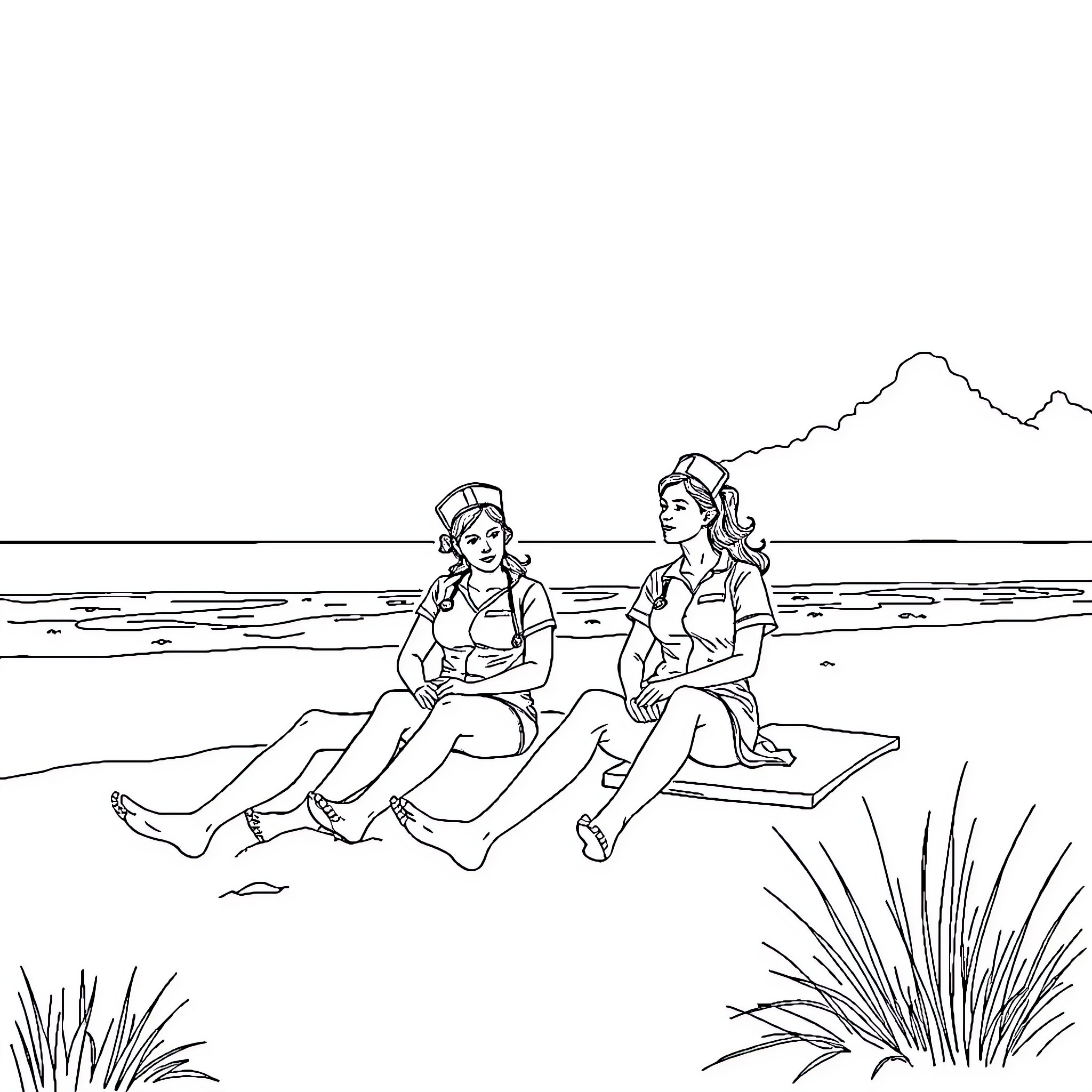 Nurses Relaxing by the Beach Coloring Page (free black-and-white line drawing printable PDF for all, from beginners to advanced learners, including children, teens, adults, and seniors)