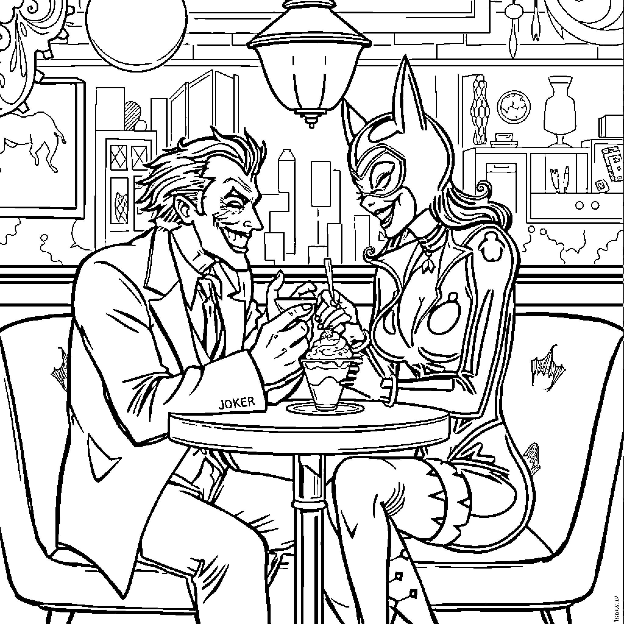 Joker's Dining Delight: A Sinister Encounter Coloring Page (free black-and-white line drawing printable PDF for all, from beginners to advanced learners, including children, teens, adults, and seniors)