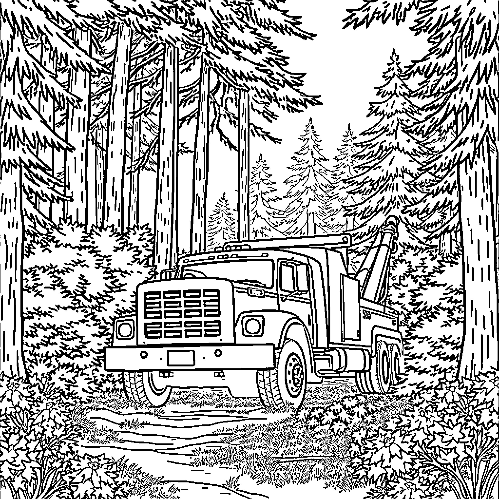 Tow Truck Hauling in the Wooded Forest Coloring Page (free black-and-white line drawing printable PDF for all, from beginners to advanced learners, including children, teens, adults, and seniors)