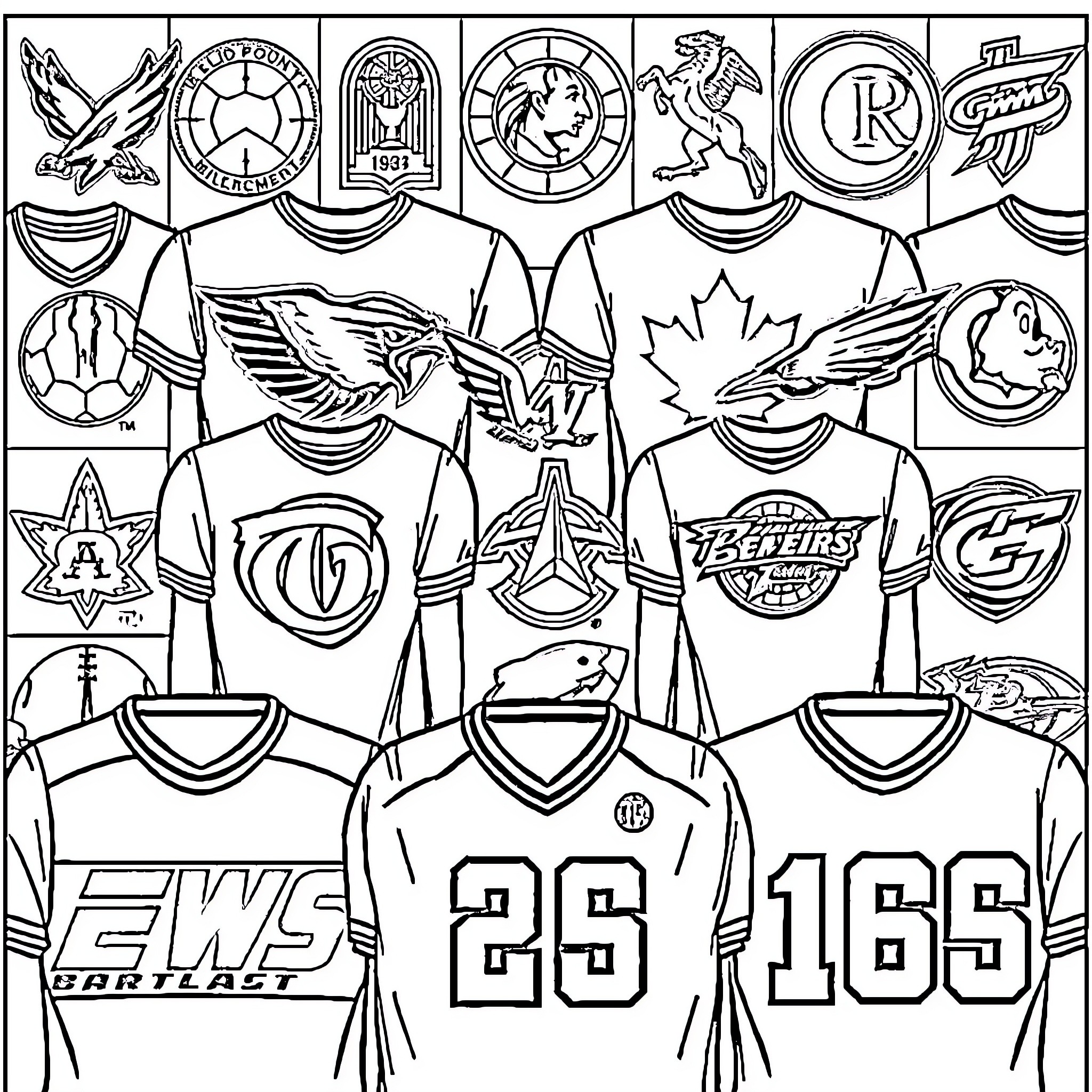 Sport Logo Jerseys with Emblems and Symbols Coloring Page (free black-and-white line drawing printable PDF for all, from beginners to advanced learners, including children, teens, adults, and seniors)