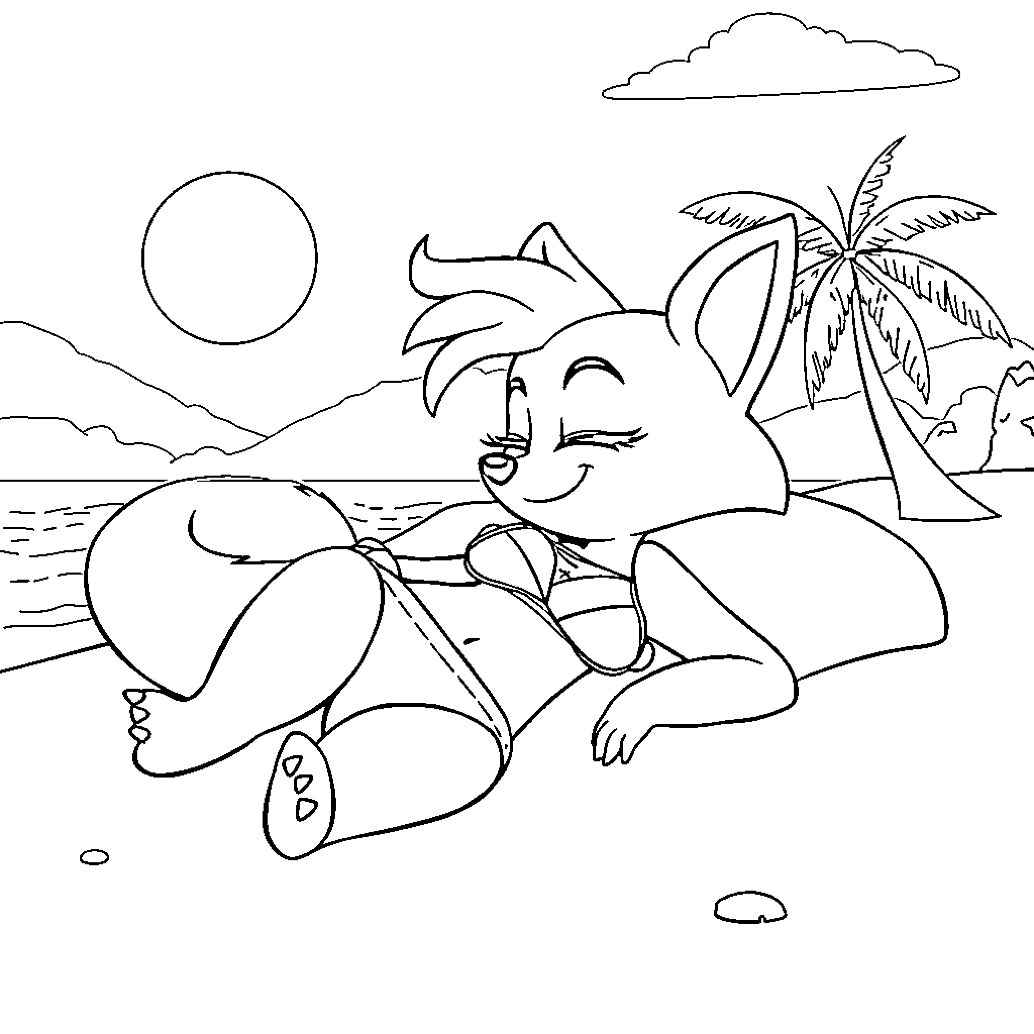Coco Bandicoot relaxing on the beach Coloring Page (free black-and-white line drawing printable PDF for all, from beginners to advanced learners, including children, teens, adults, and seniors)