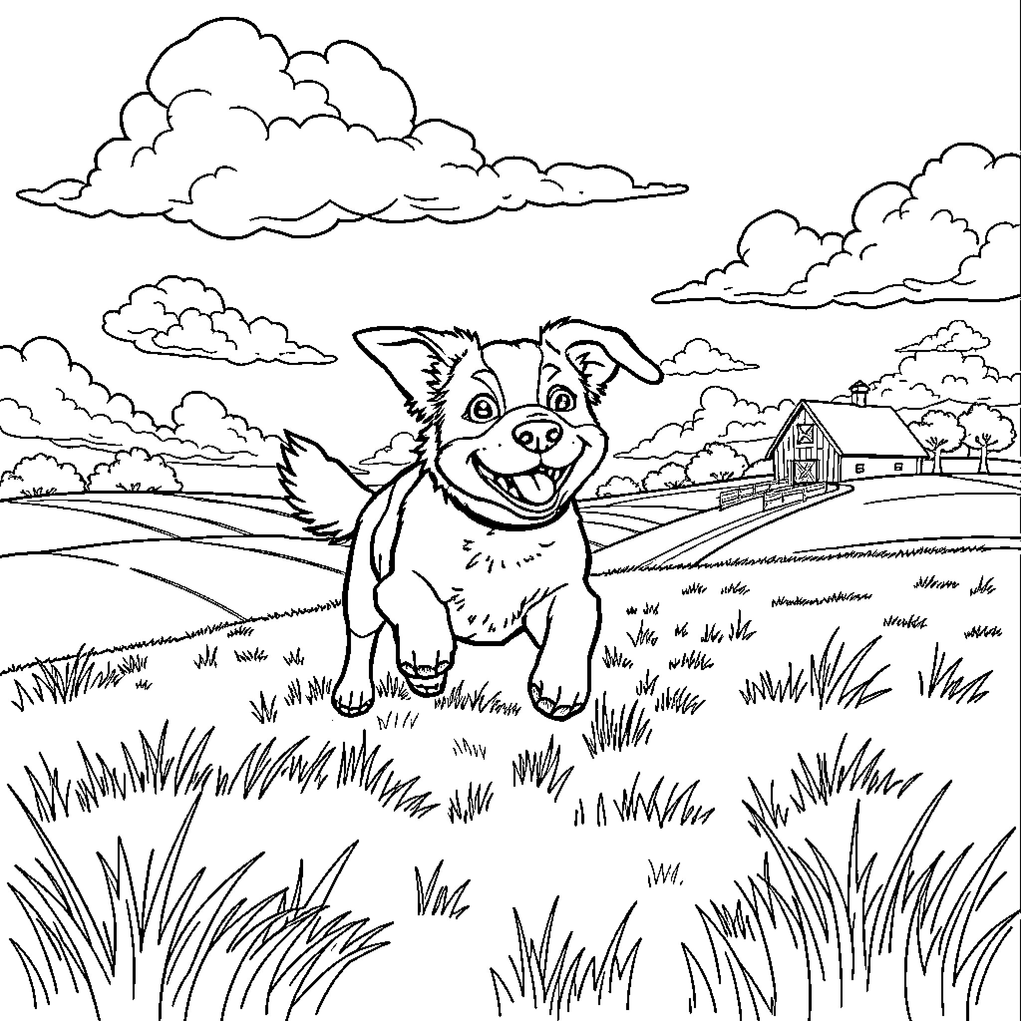 Dog happily playing in the countryside Coloring Page (free black-and-white line drawing printable PDF for all, from beginners to advanced learners, including children, teens, adults, and seniors)
