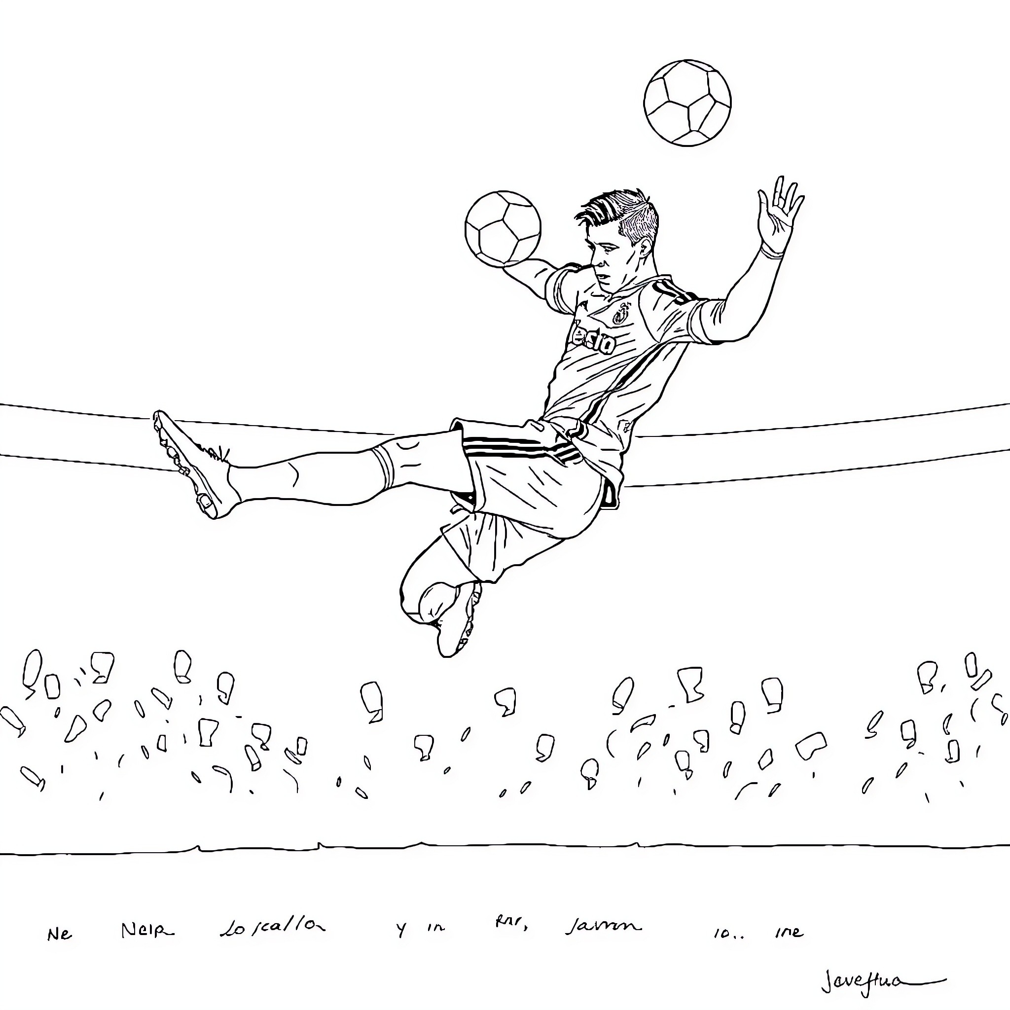 Cristiano Ronaldo in mid-air soccer acrobatics Coloring Page (free black-and-white line drawing printable PDF for all, from beginners to advanced learners, including children, teens, adults, and seniors)