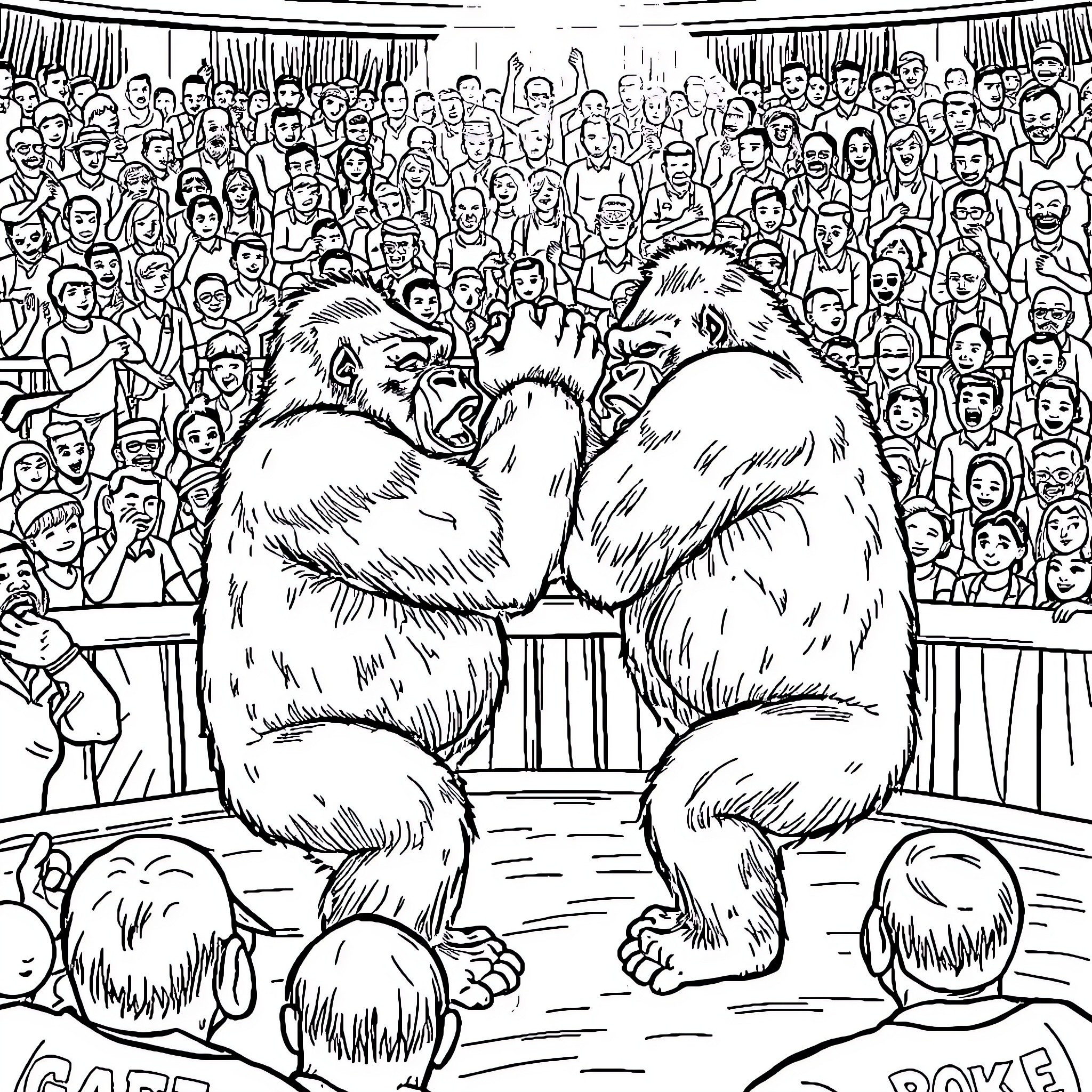 Gorillas engaged in an intense match in front of a crowd Coloring Page (free black-and-white line drawing printable PDF for all, from beginners to advanced learners, including children, teens, adults, and seniors)