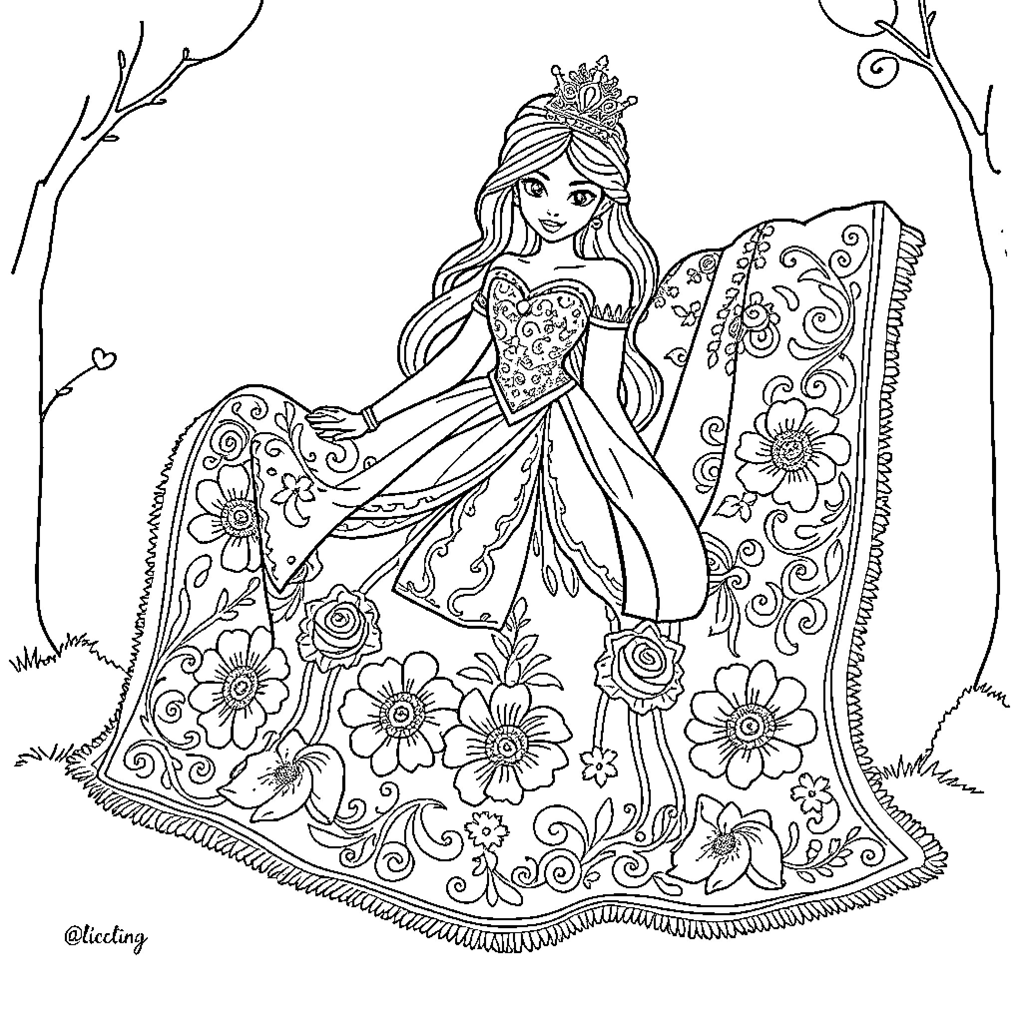 Bluey in Floral Fairy Princess Dress Coloring Page (free black-and-white line drawing printable PDF for all, from beginners to advanced learners, including children, teens, adults, and seniors)