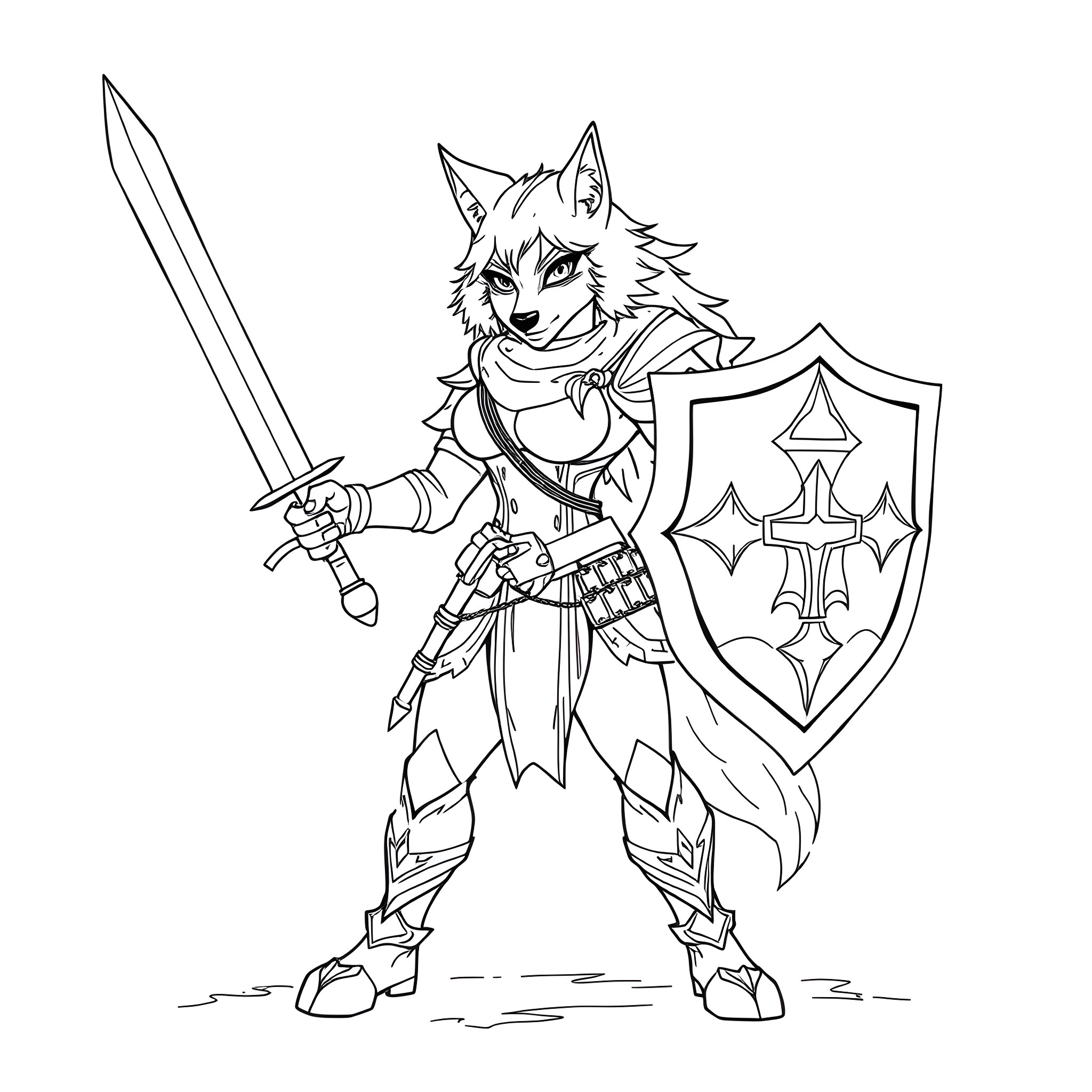 Wolf warrior wielding sword and shield Coloring Page (free black-and-white line drawing printable PDF for all, from beginners to advanced learners, including children, teens, adults, and seniors)