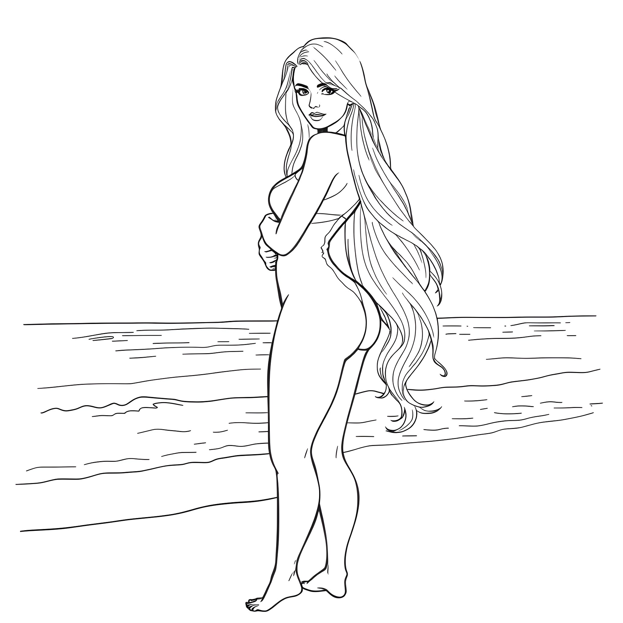 Blonde woman in peaceful beach pose Coloring Page (free black-and-white line drawing printable PDF for all, from beginners to advanced learners, including children, teens, adults, and seniors)