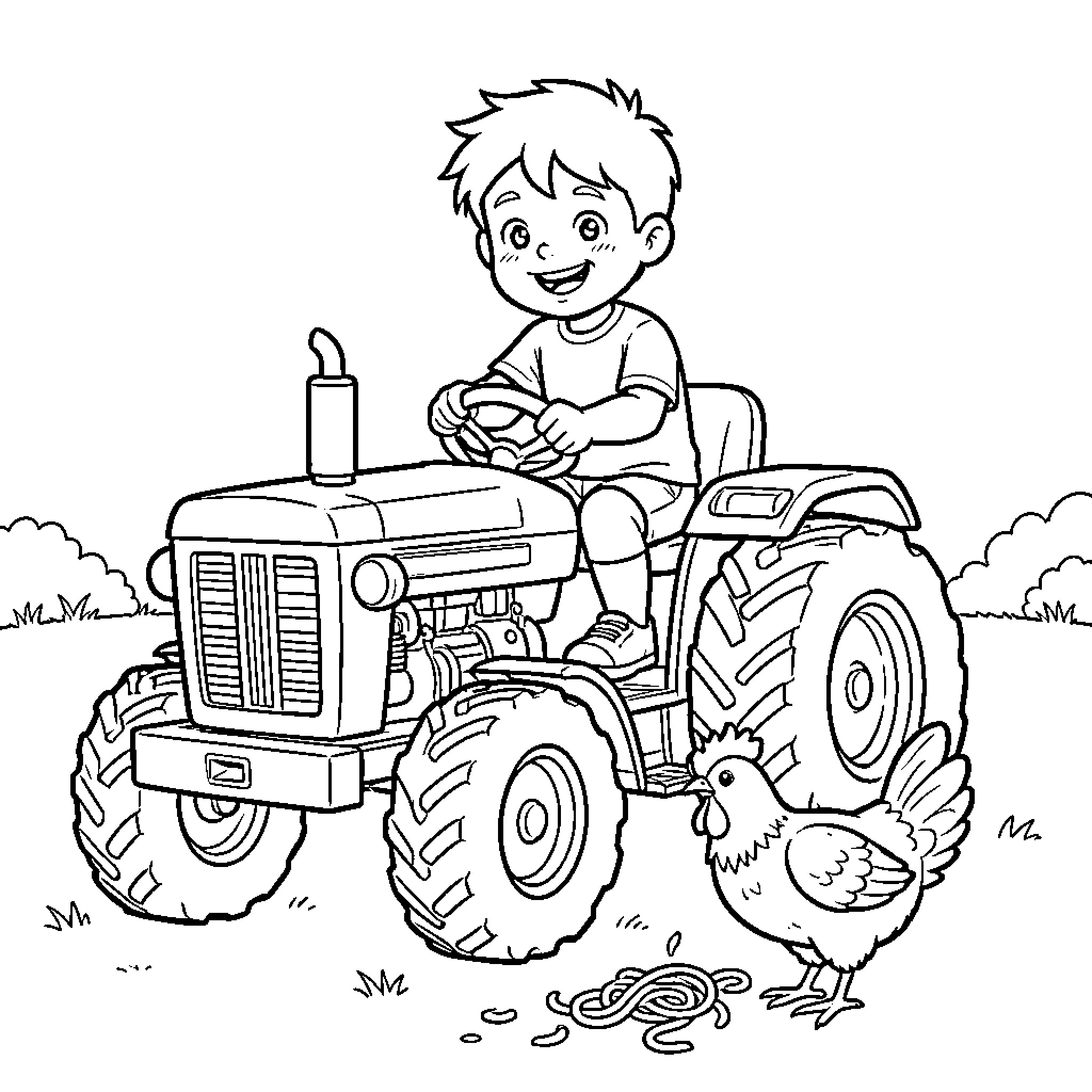 Boy smiling while driving a tractor on a farm Coloring Page (free black-and-white line drawing printable PDF for all, from beginners to advanced learners, including children, teens, adults, and seniors)