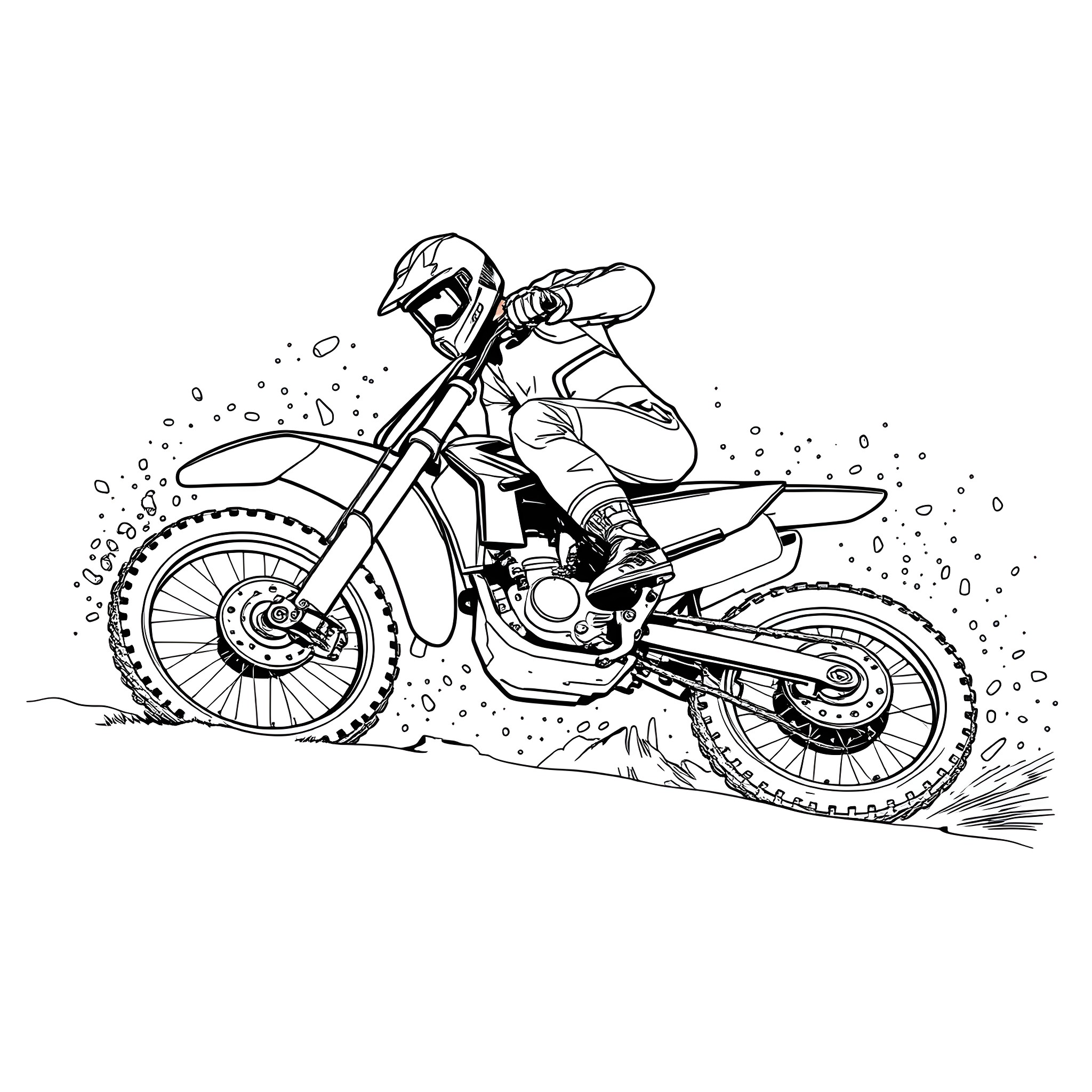 Motocross Bike Rider in Action Coloring Page (free black-and-white line drawing printable PDF for all, from beginners to advanced learners, including children, teens, adults, and seniors)