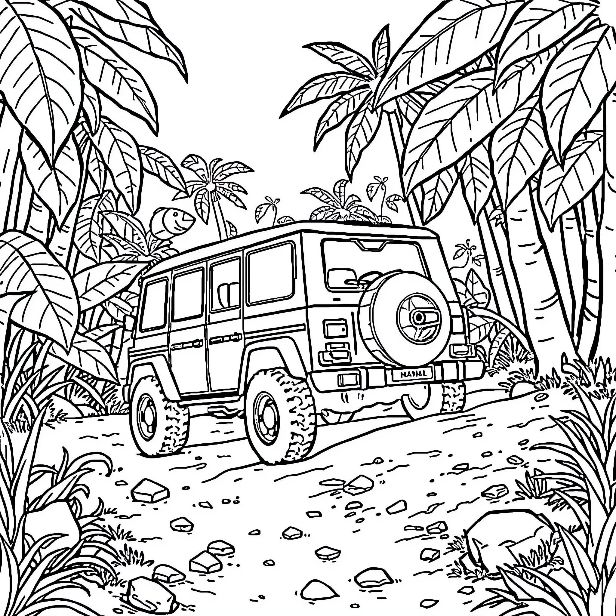 SUV Traversing Lush Jungle Landscape Coloring Page (free black-and-white line drawing printable PDF for all, from beginners to advanced learners, including children, teens, adults, and seniors)