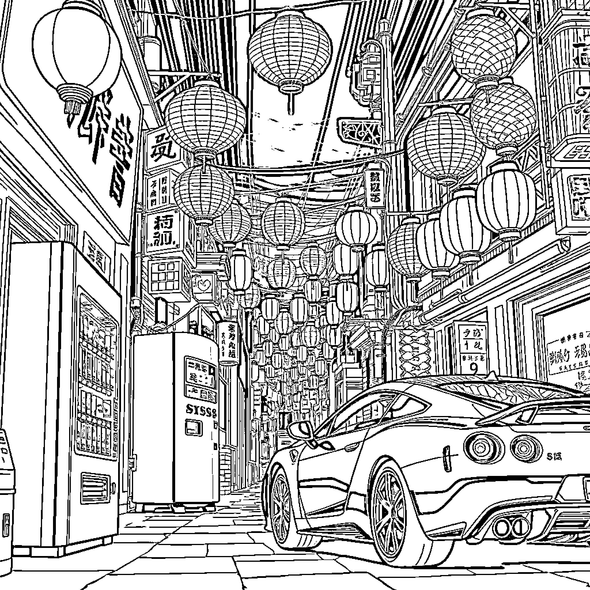 Alley filled with vibrant lanterns and a luxury sports car Coloring Page (free black-and-white line drawing printable PDF for all, from beginners to advanced learners, including children, teens, adults, and seniors)