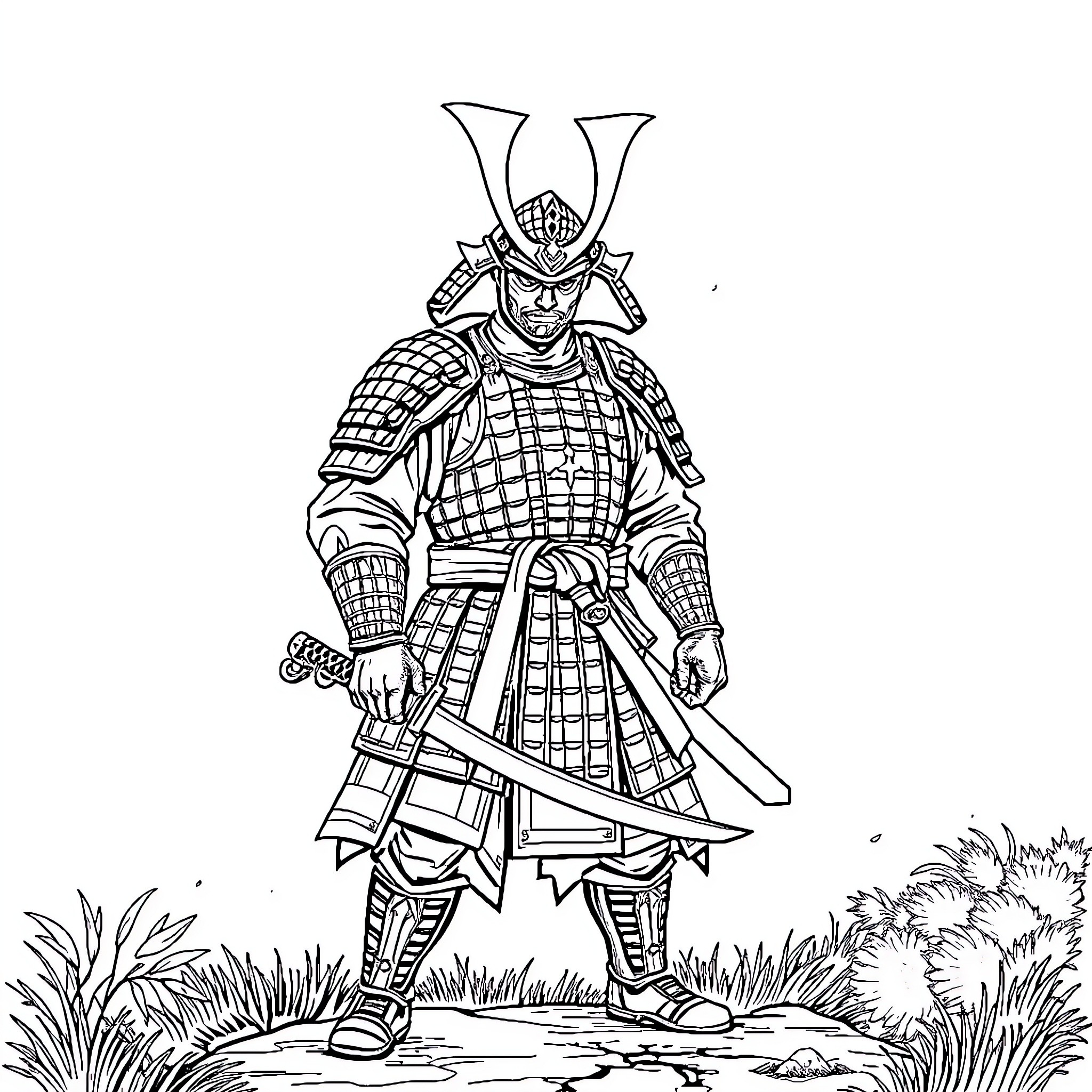 Samurai warrior stands ready in ornate armor Coloring Page (free black-and-white line drawing printable PDF for all, from beginners to advanced learners, including children, teens, adults, and seniors)