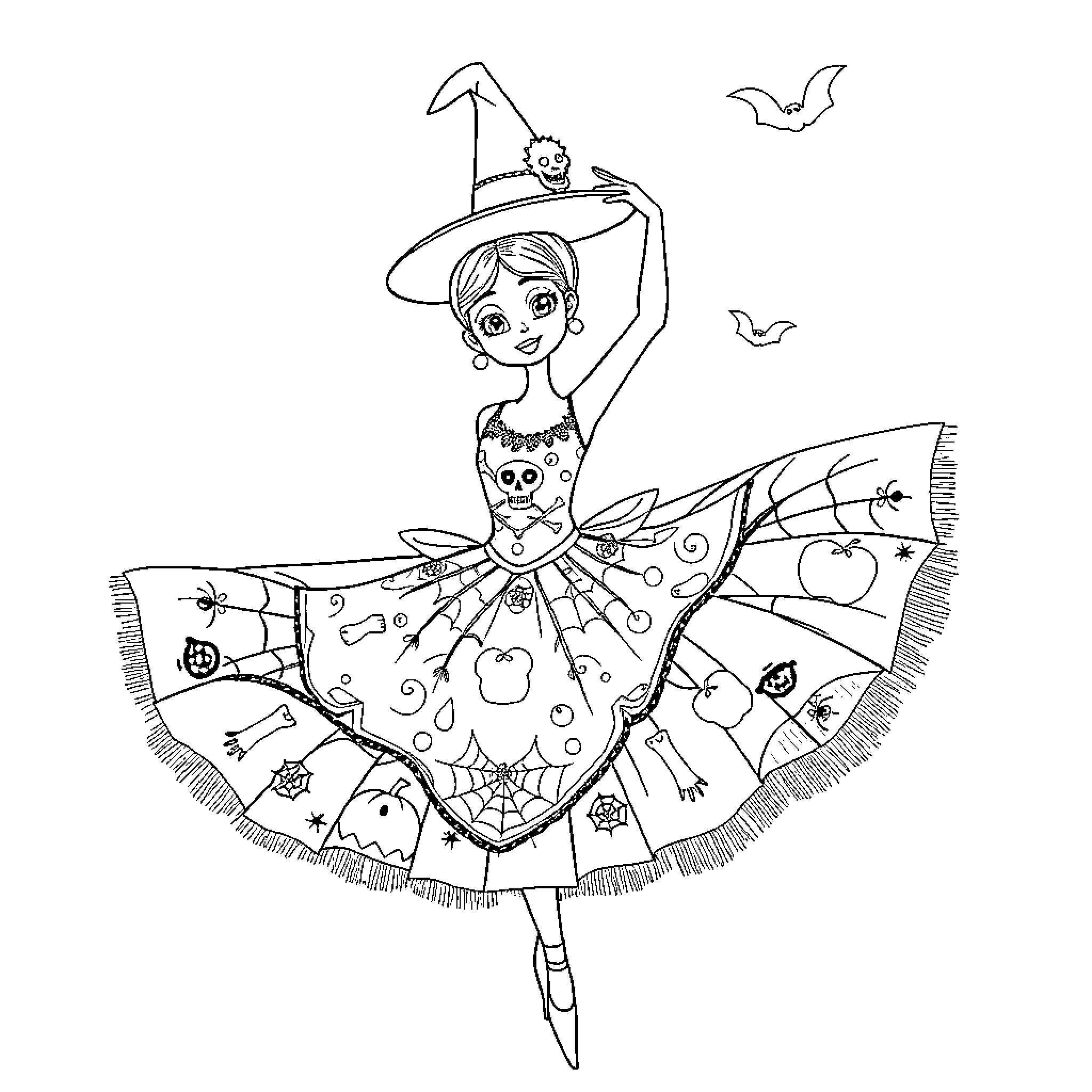 Ballerina performing with whimsical costume and accessories Coloring Page (free black-and-white line drawing printable PDF for all, from beginners to advanced learners, including children, teens, adults, and seniors)