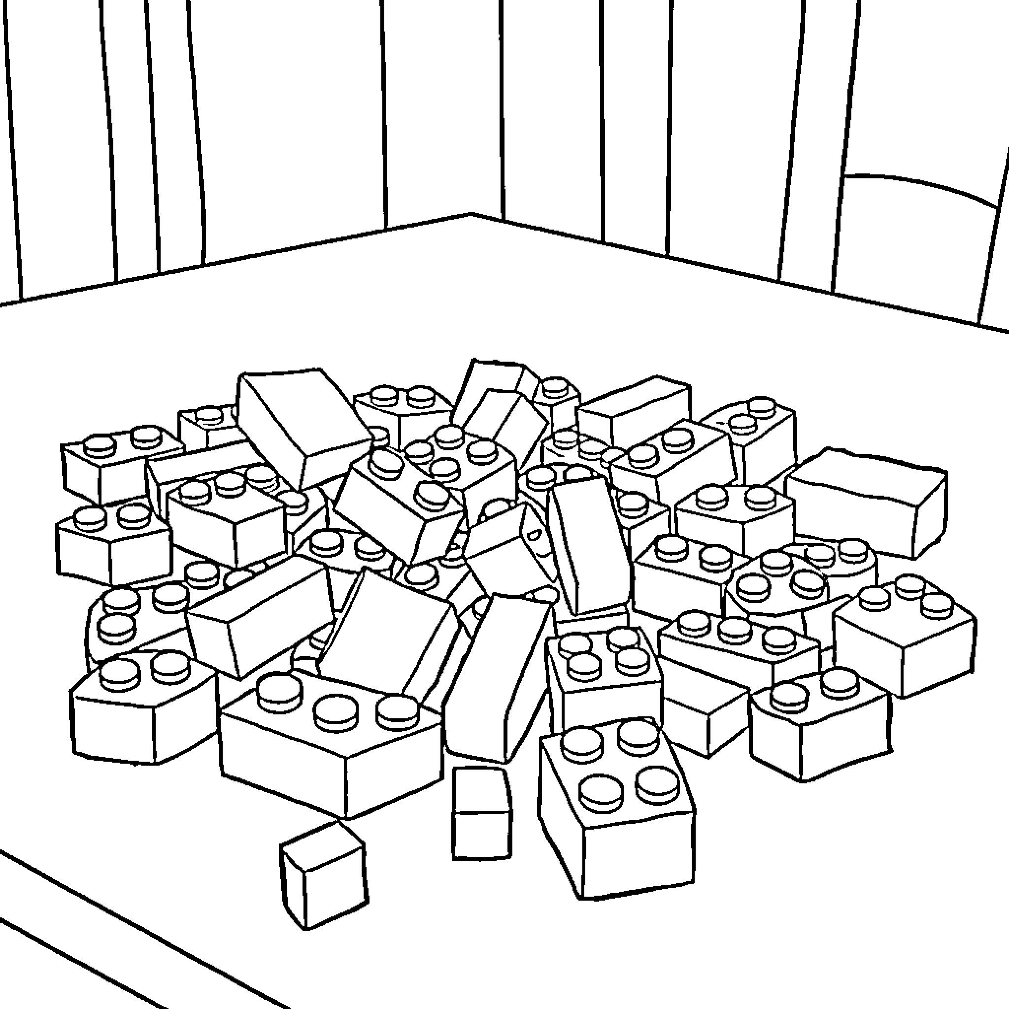 Lego bricks in a scattered pile Coloring Page (free black-and-white line drawing printable PDF for all, from beginners to advanced learners, including children, teens, adults, and seniors)