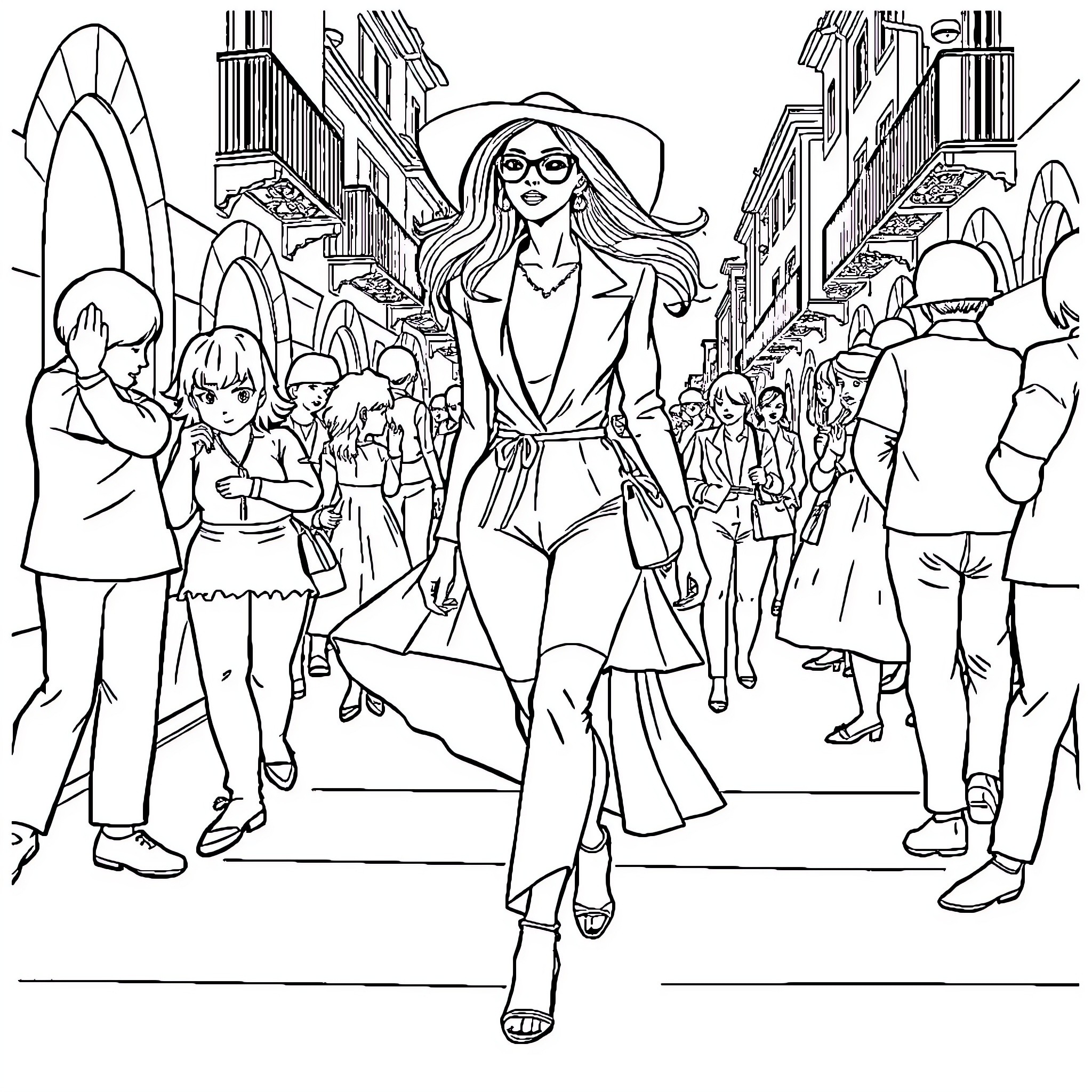 Draco in the Busy City Street Coloring Page (free black-and-white line drawing printable PDF for all, from beginners to advanced learners, including children, teens, adults, and seniors)