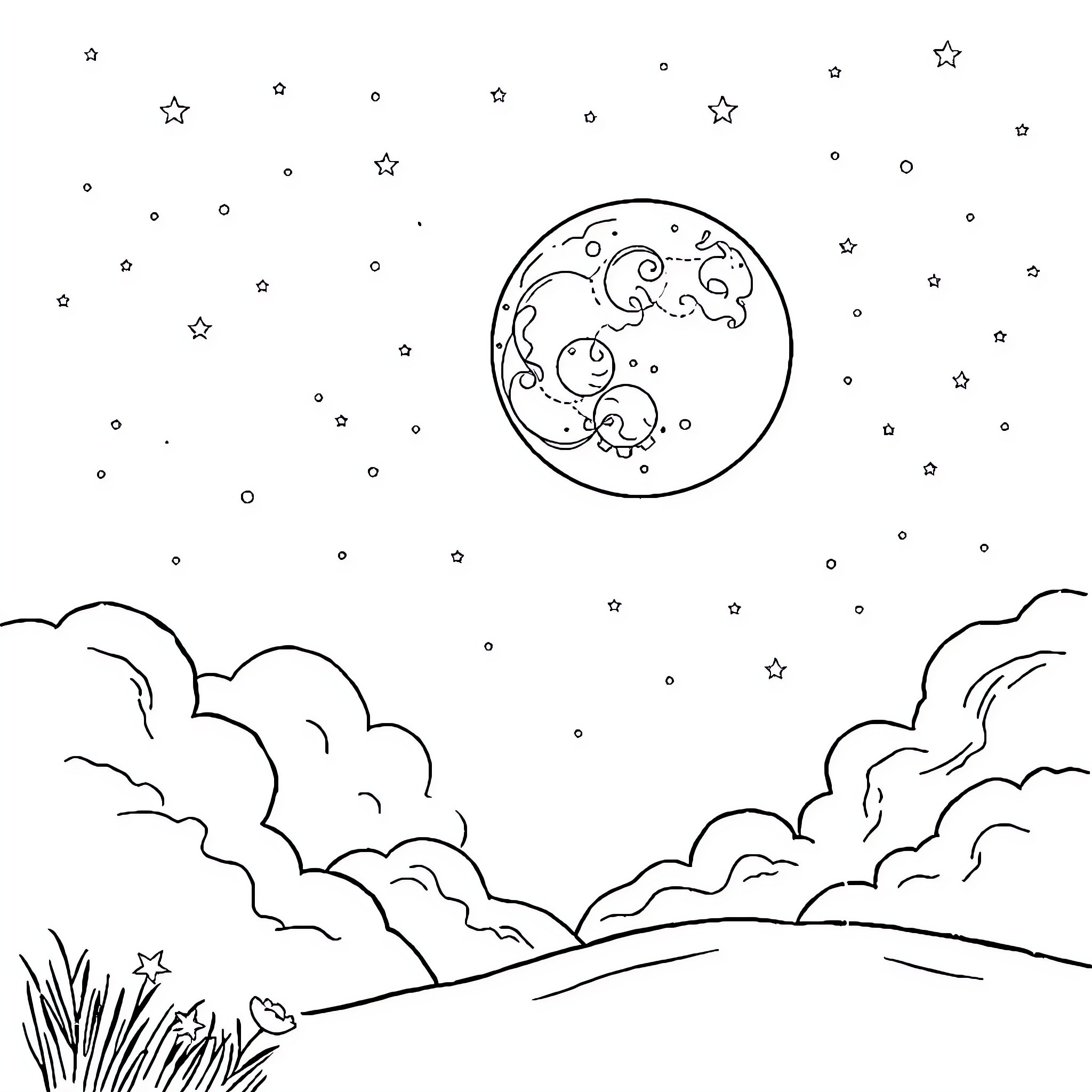 Moon over the tranquil landscape Coloring Page (free black-and-white line drawing printable PDF for all, from beginners to advanced learners, including children, teens, adults, and seniors)