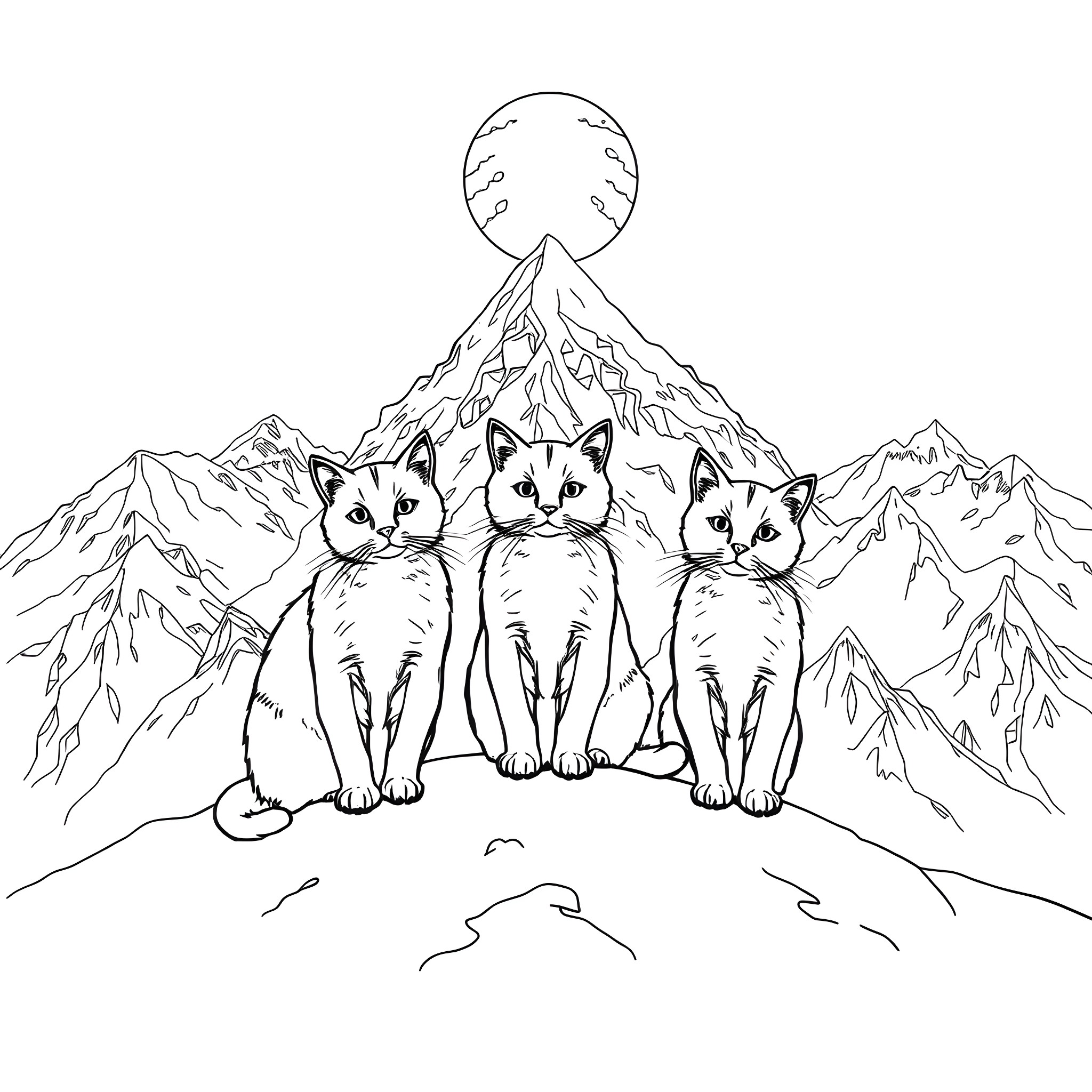 Cats Sitting on Mountains under Moonlight Coloring Page (free black-and-white line drawing printable PDF for all, from beginners to advanced learners, including children, teens, adults, and seniors)