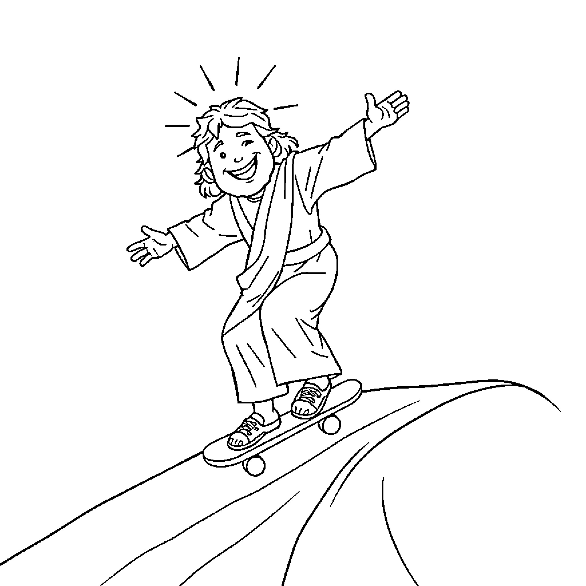 Jesus joyfully riding a skateboard Coloring Page (free black-and-white line drawing printable PDF for all, from beginners to advanced learners, including children, teens, adults, and seniors)