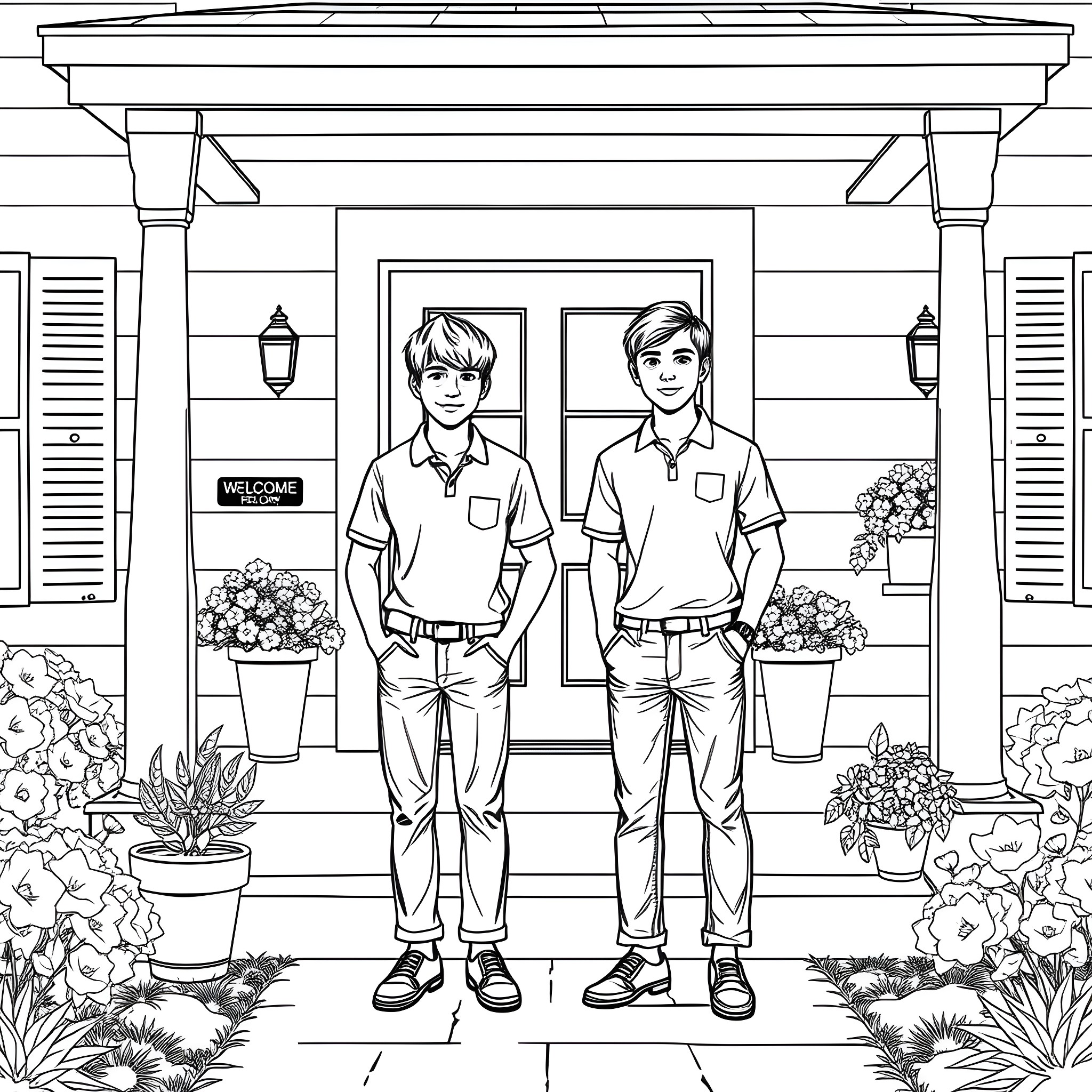 Teen Guys in Front of Welcoming Home Coloring Page (free black-and-white line drawing printable PDF for all, from beginners to advanced learners, including children, teens, adults, and seniors)