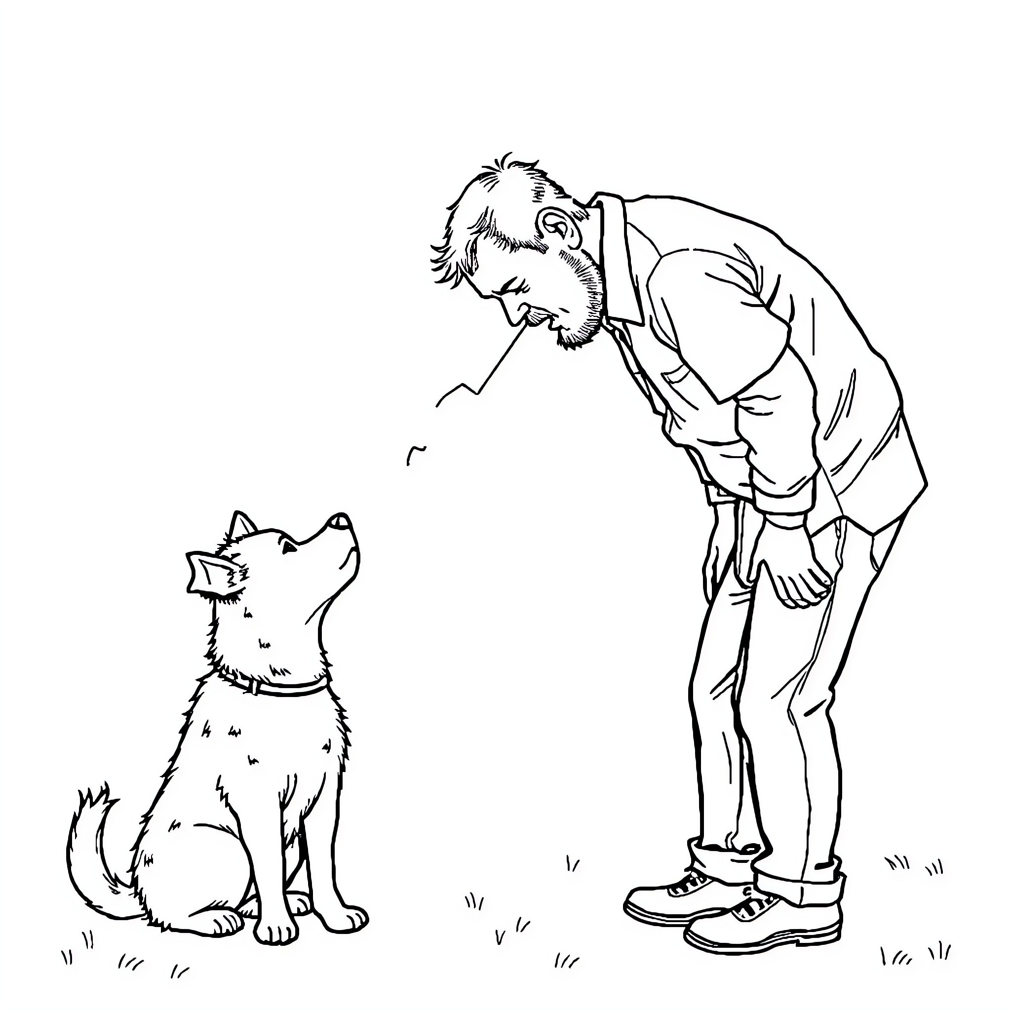 Man interacting with dog in outdoor setting Coloring Page (free black-and-white line drawing printable PDF for all, from beginners to advanced learners, including children, teens, adults, and seniors)