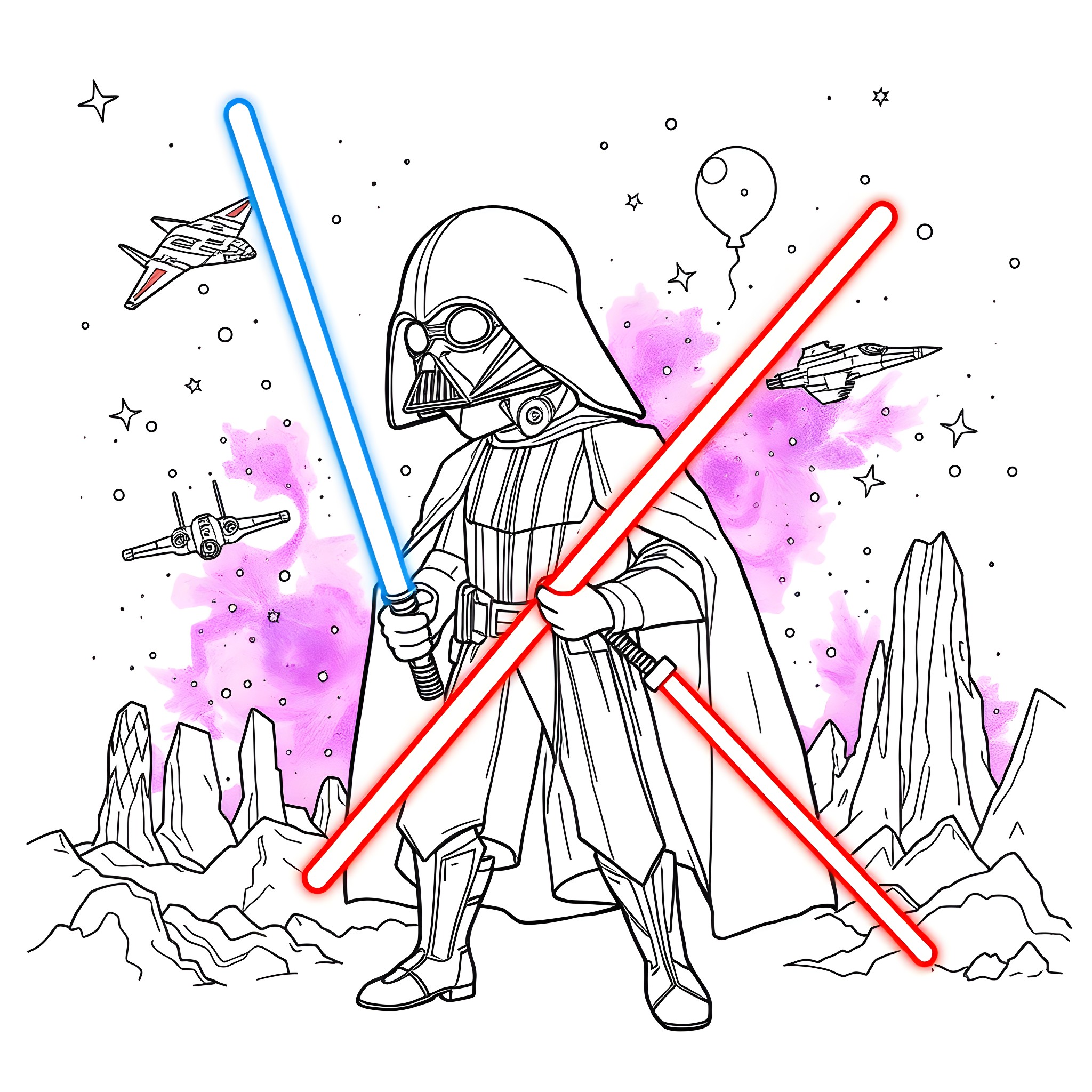 Star Wars Darth Vader and Lightsabers in Space Battle Coloring Page (free black-and-white line drawing printable PDF for all, from beginners to advanced learners, including children, teens, adults, and seniors)