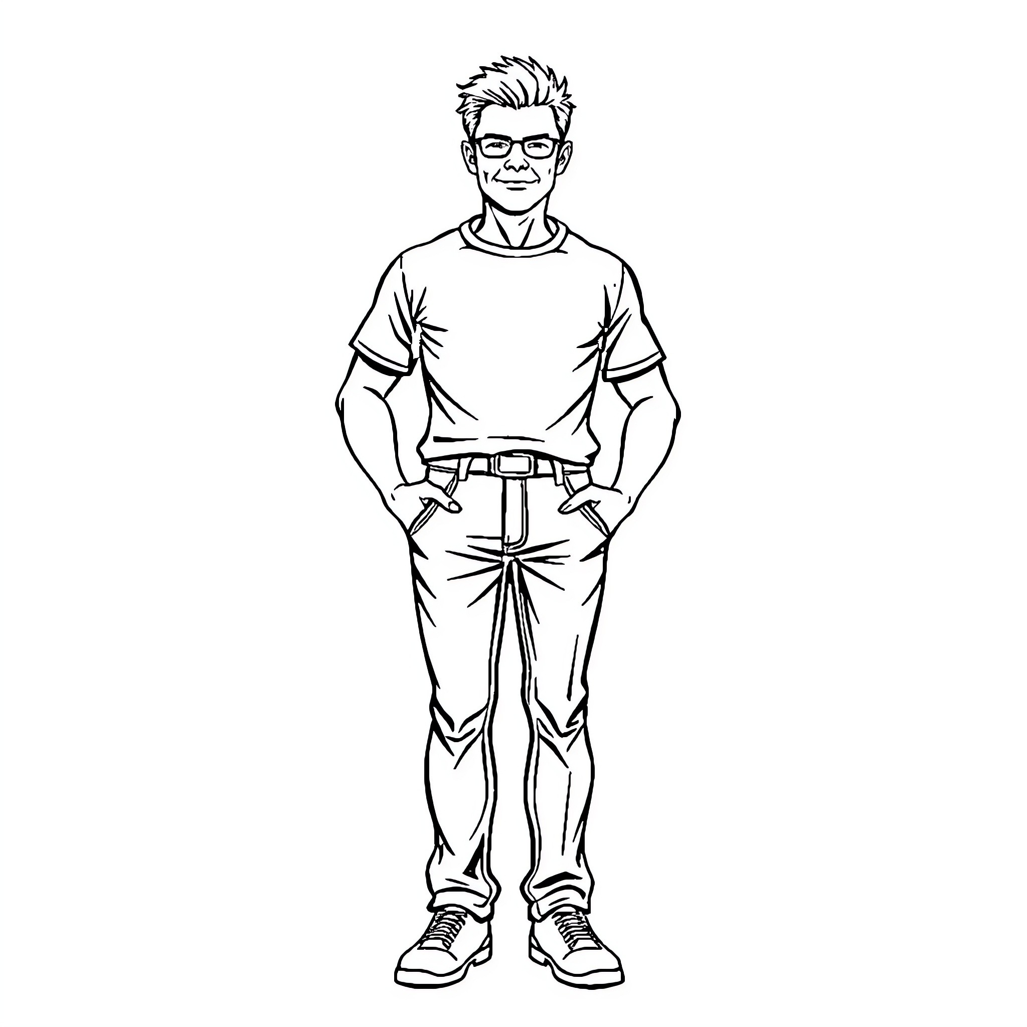 Adult man in casual outfit standing confidently Coloring Page (free black-and-white line drawing printable PDF for all, from beginners to advanced learners, including children, teens, adults, and seniors)