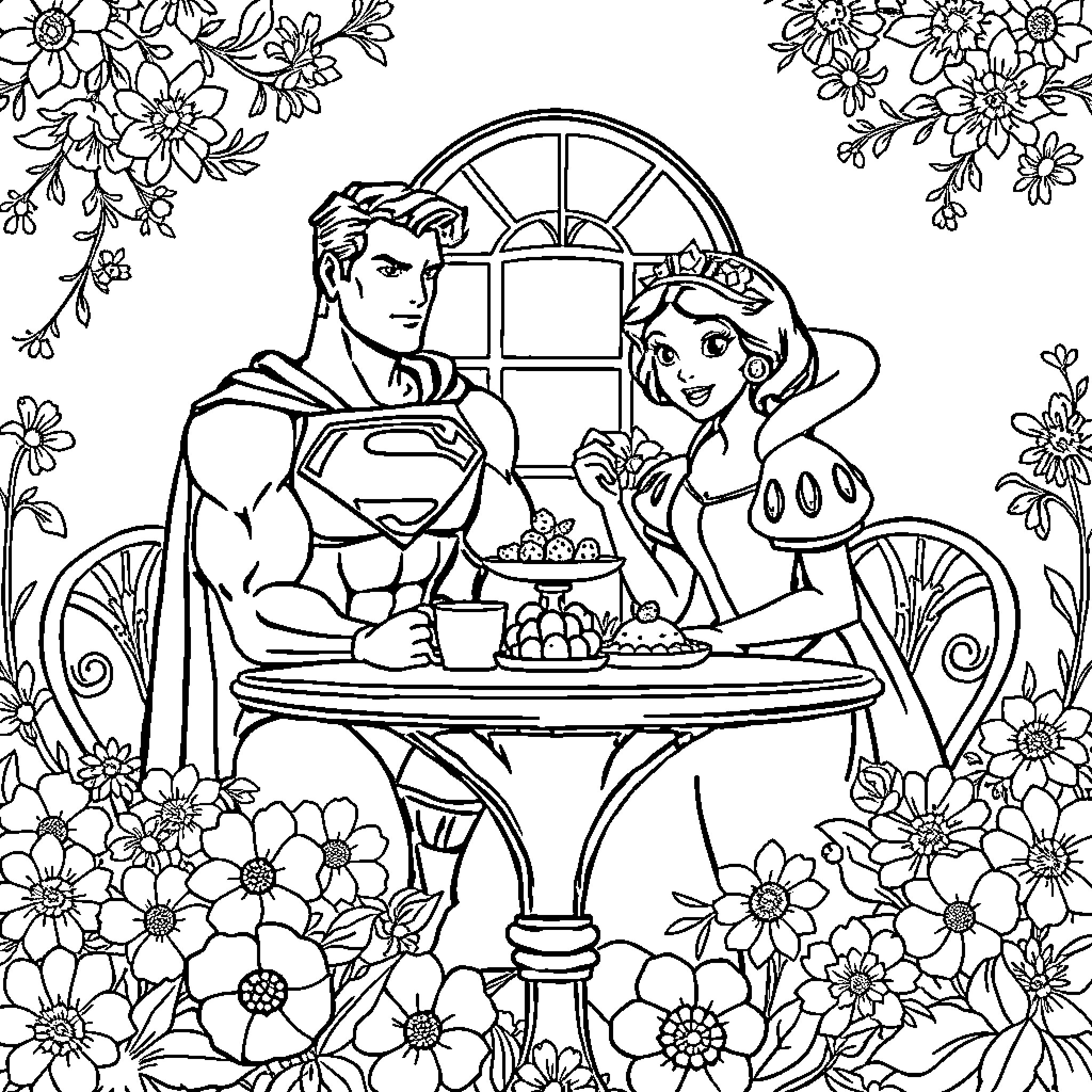 Superman and Princess Enjoying Picnic in Floral Garden Coloring Page (free black-and-white line drawing printable PDF for all, from beginners to advanced learners, including children, teens, adults, and seniors)