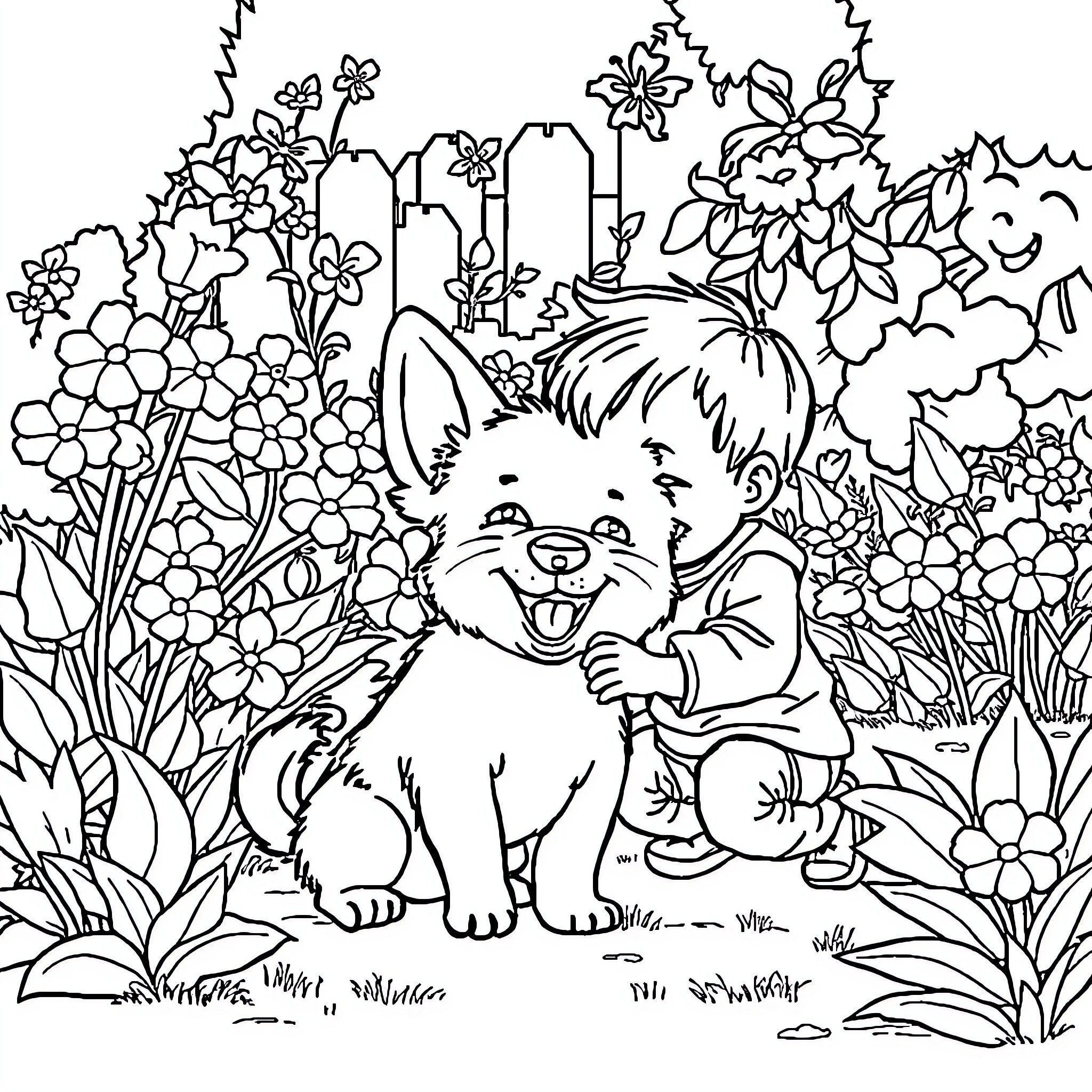 Puppy playing happily in a garden filled with flowers Coloring Page (free black-and-white line drawing printable PDF for all, from beginners to advanced learners, including children, teens, adults, and seniors)