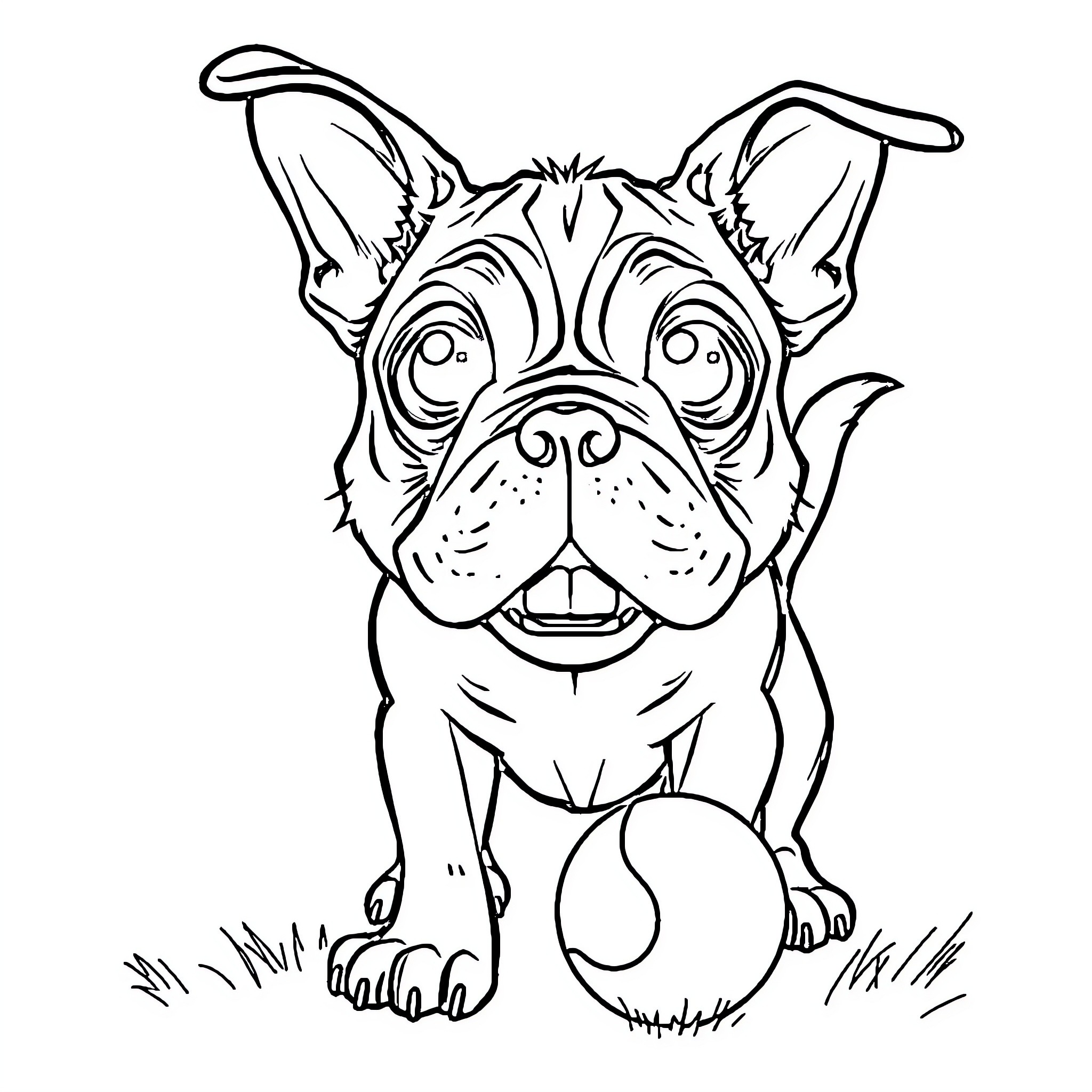 Dog playing in the grass with big eyes Coloring Page (free black-and-white line drawing printable PDF for all, from beginners to advanced learners, including children, teens, adults, and seniors)