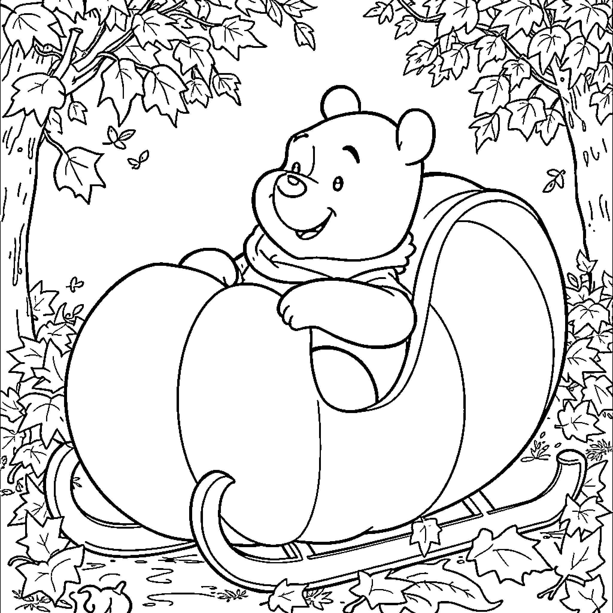 Winnie The Pooh relaxing in the forest Coloring Page (free black-and-white line drawing printable PDF for all, from beginners to advanced learners, including children, teens, adults, and seniors)