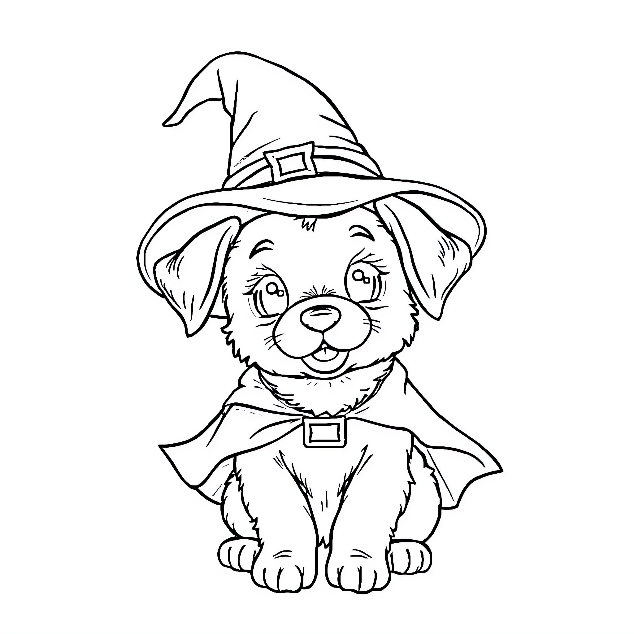 Puppy dressed in Halloween costume Coloring Page (free black-and-white line drawing printable PDF for all, from beginners to advanced learners, including children, teens, adults, and seniors)