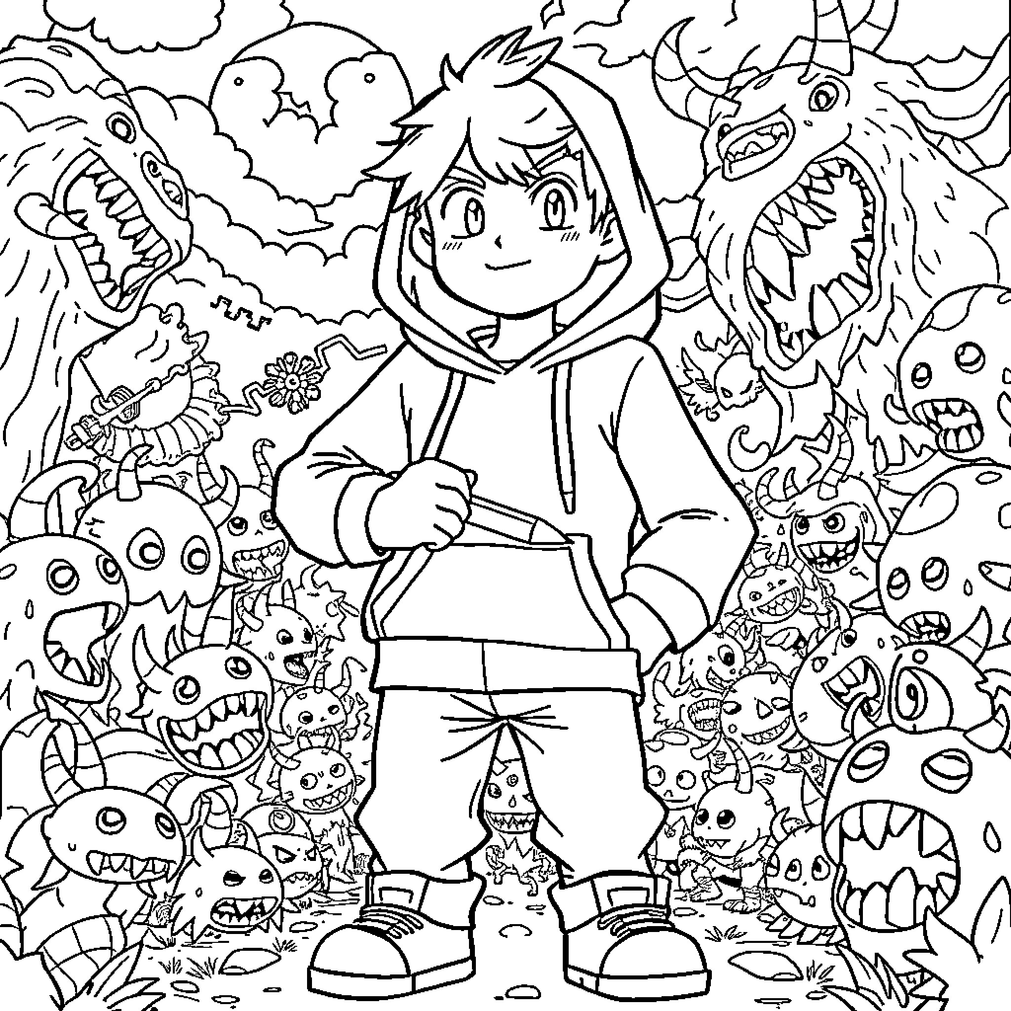 Kris Dreemuur surrounded by fantastical creatures Coloring Page (free black-and-white line drawing printable PDF for all, from beginners to advanced learners, including children, teens, adults, and seniors)