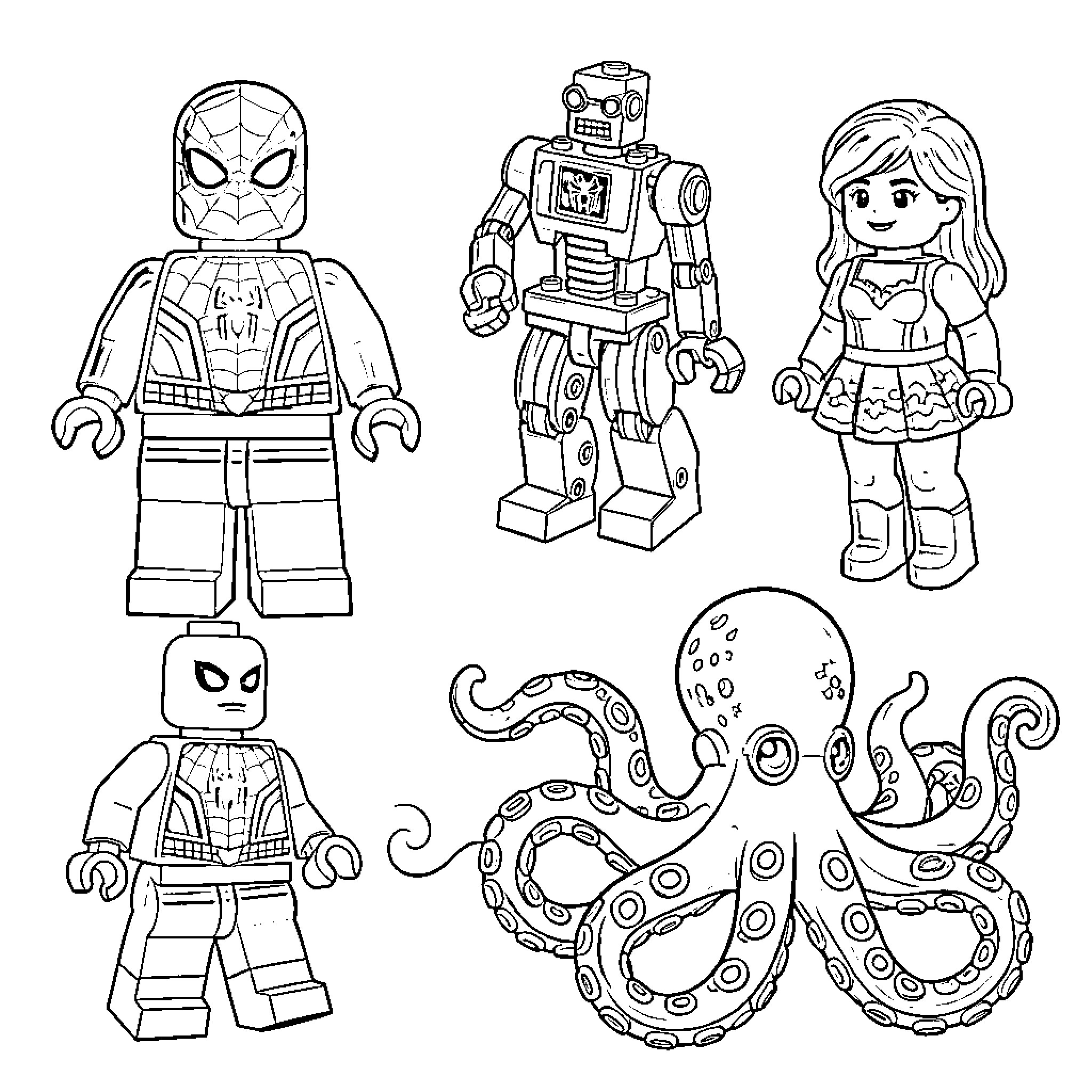 Lego Superheroes, Robots, and Fantasy Creatures Coloring Page (free black-and-white line drawing printable PDF for all, from beginners to advanced learners, including children, teens, adults, and seniors)