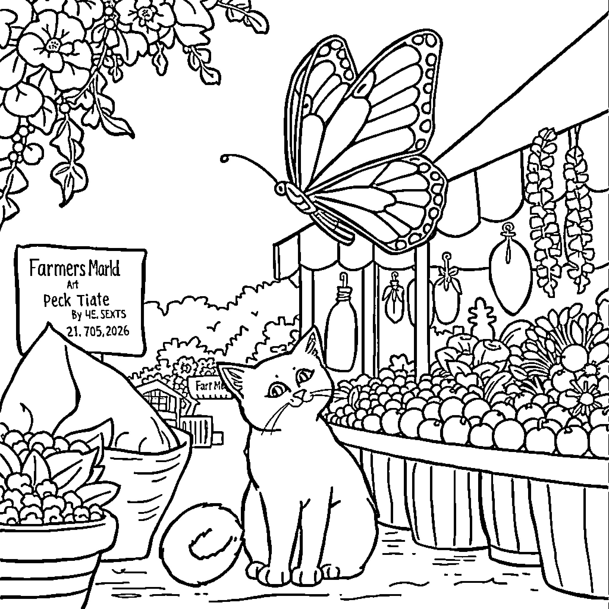 Butterfly at the Farmers Market Coloring Page (free black-and-white line drawing printable PDF for all, from beginners to advanced learners, including children, teens, adults, and seniors)