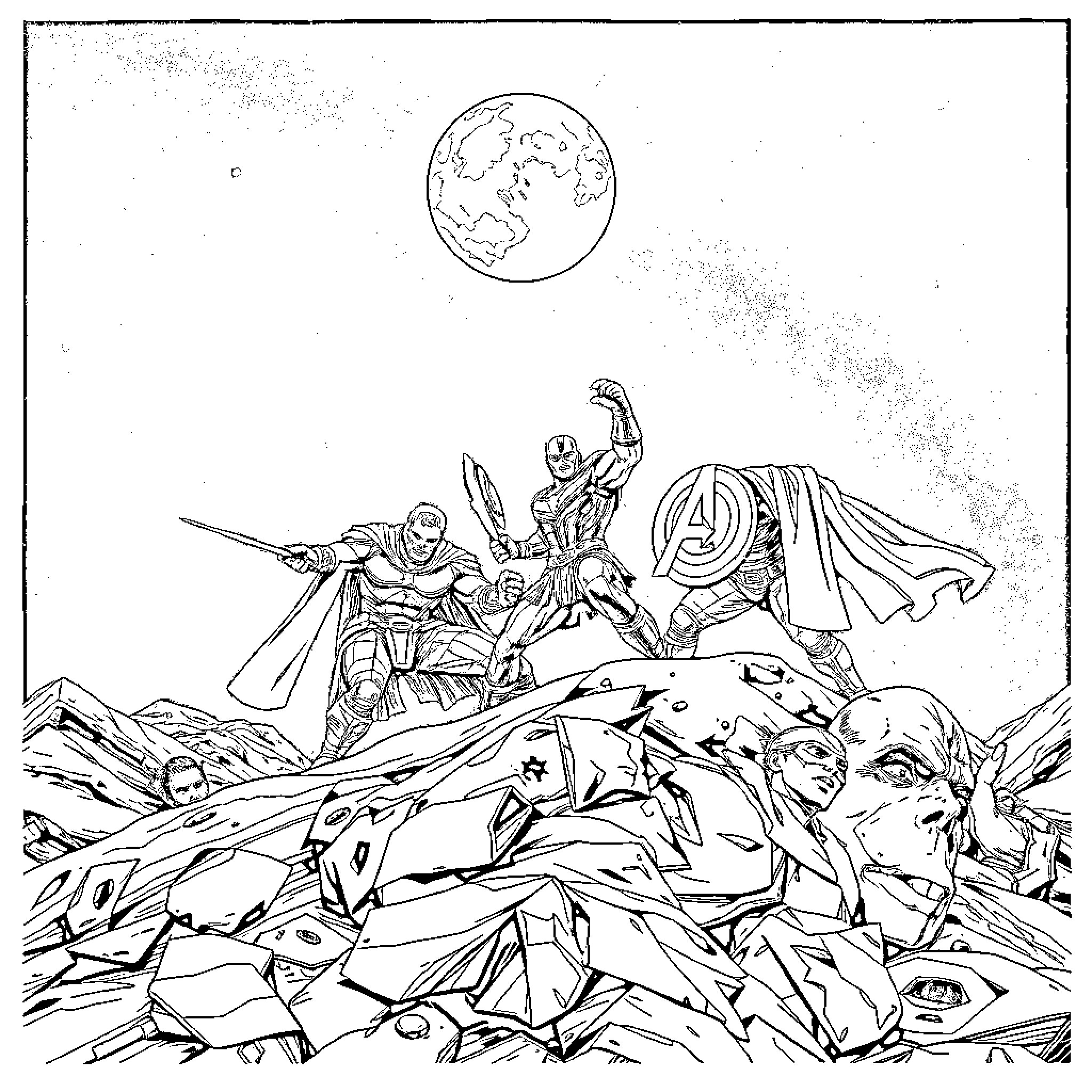 Avengers battling against an army of villains Coloring Page (free black-and-white line drawing printable PDF for all, from beginners to advanced learners, including children, teens, adults, and seniors)