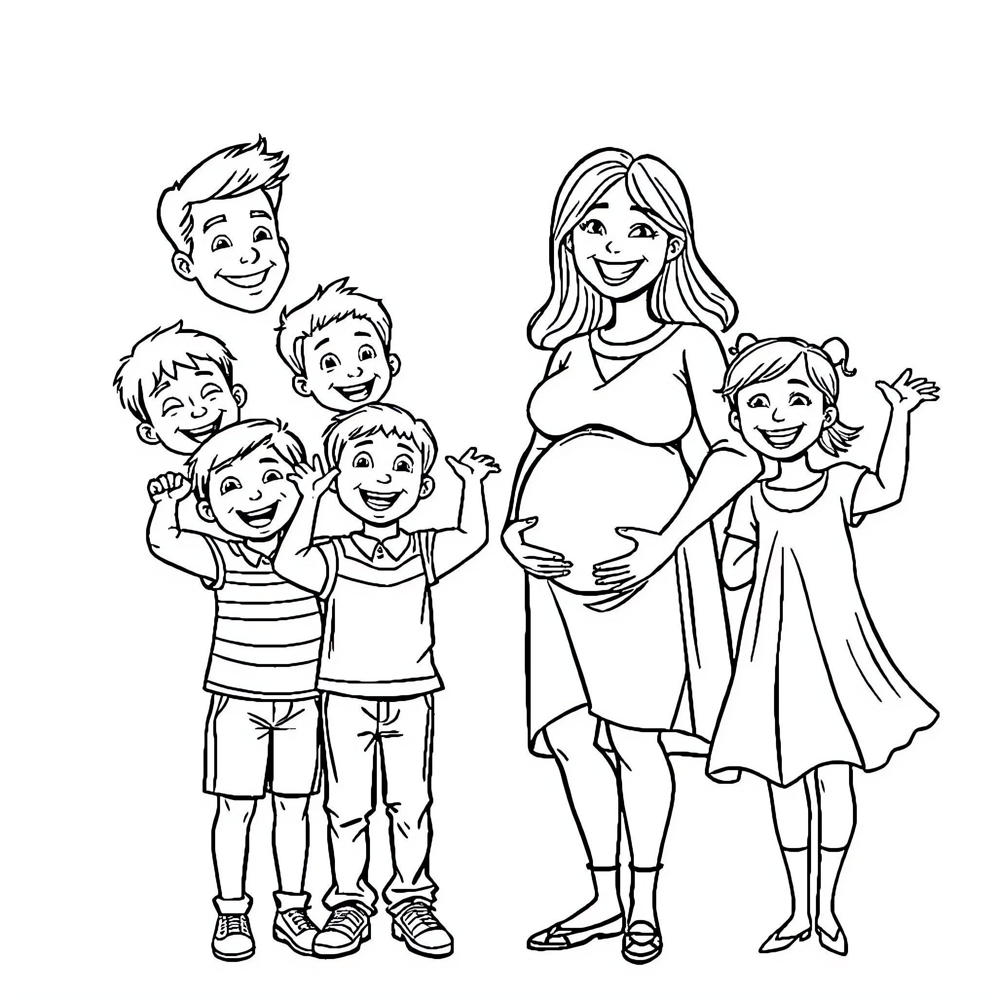 Family Joyfully Welcoming New Addition Coloring Page (free black-and-white line drawing printable PDF for all, from beginners to advanced learners, including children, teens, adults, and seniors)