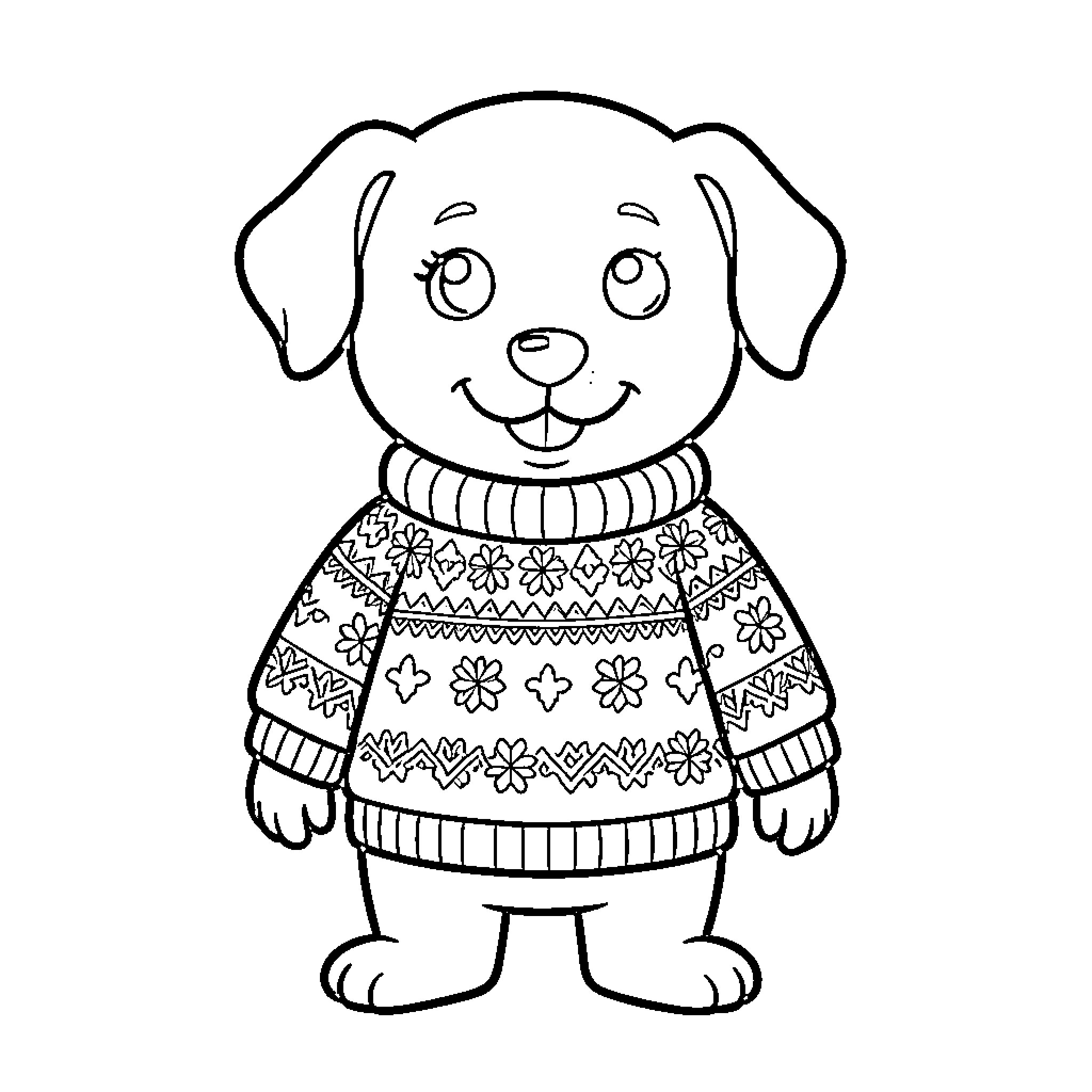 Dachshund wearing a cozy sweater Coloring Page (free black-and-white line drawing printable PDF for all, from beginners to advanced learners, including children, teens, adults, and seniors)