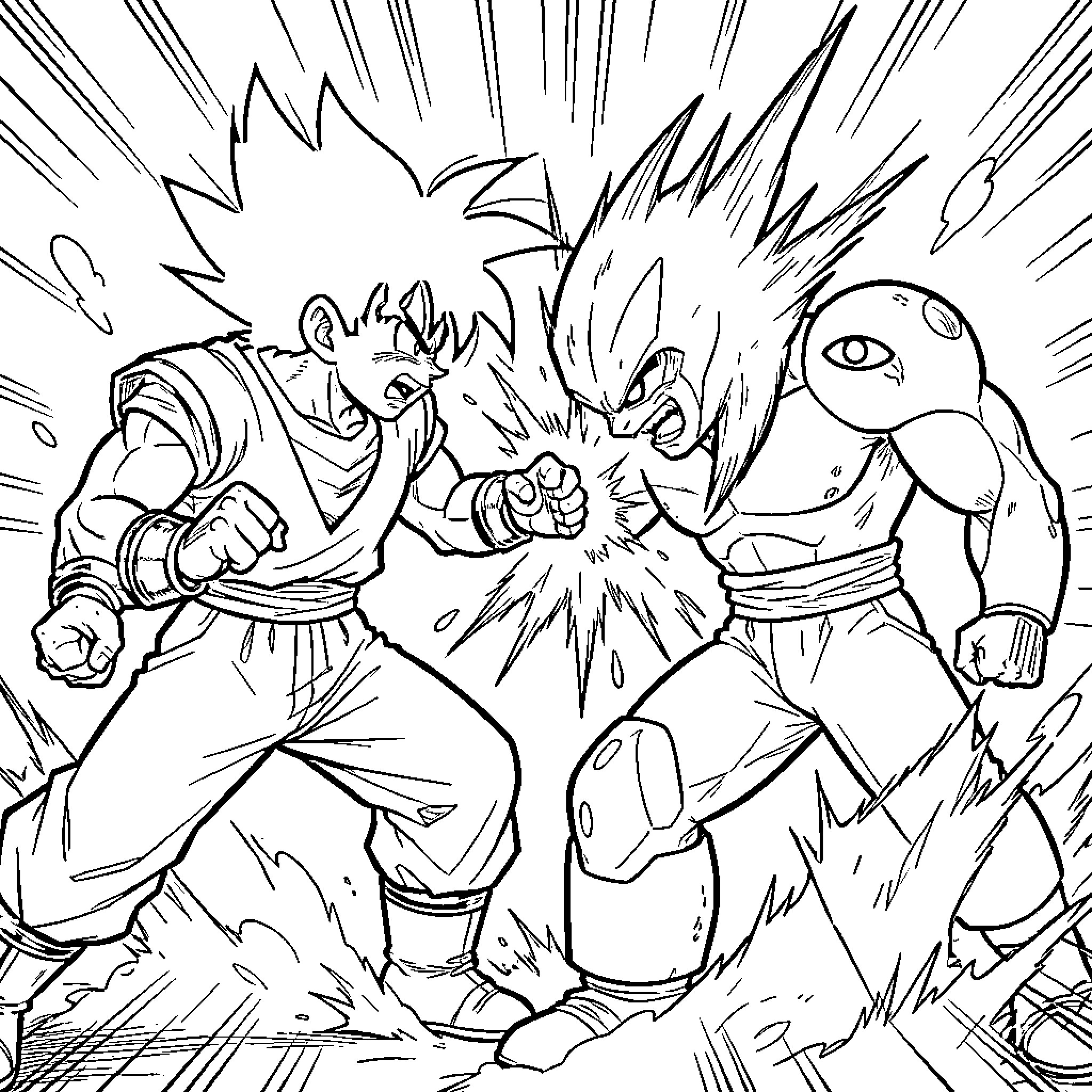Gohan fighting an opponent in an intense battle Coloring Page (free black-and-white line drawing printable PDF for all, from beginners to advanced learners, including children, teens, adults, and seniors)