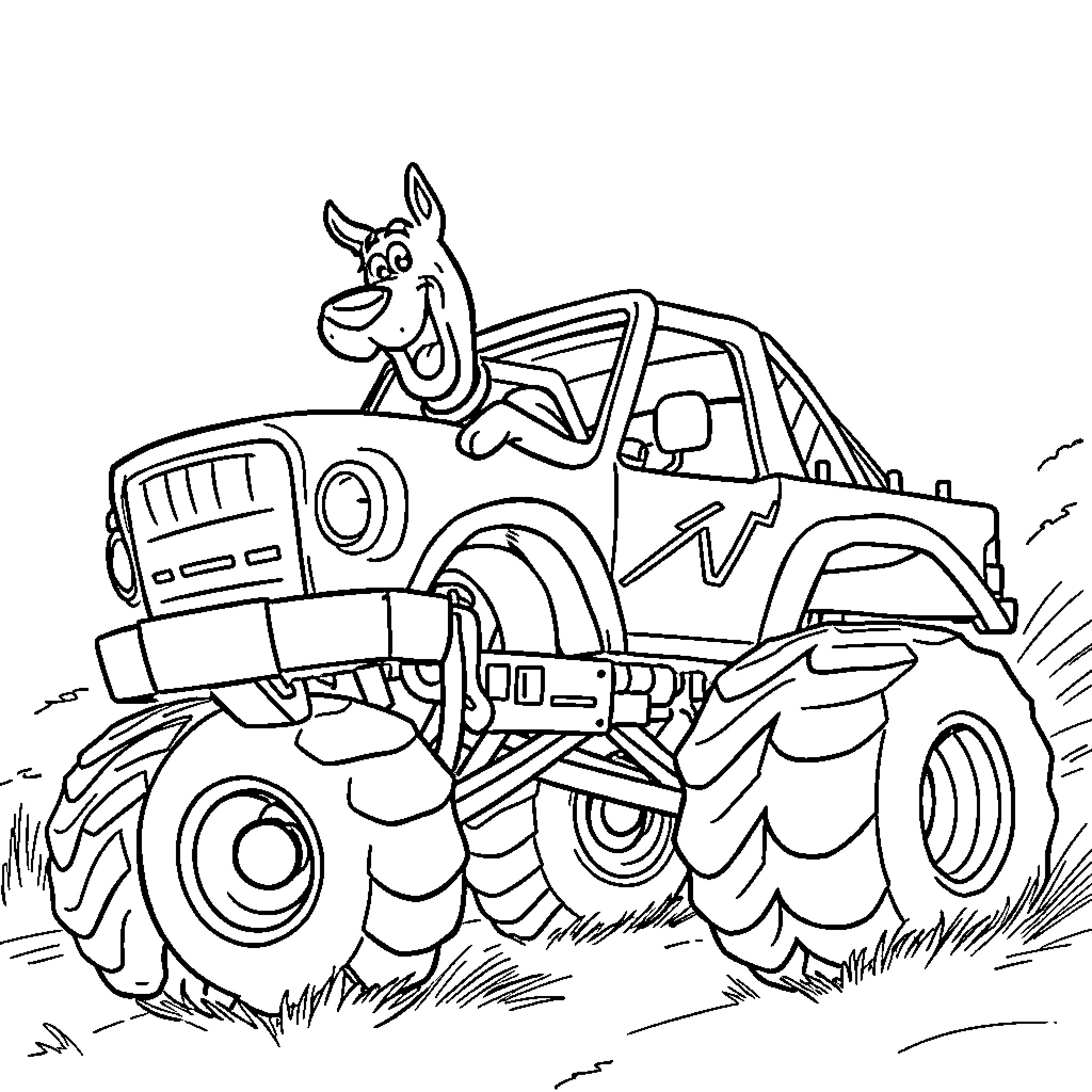 Scooby Doo driving a monster truck in the countryside Coloring Page (free black-and-white line drawing printable PDF for all, from beginners to advanced learners, including children, teens, adults, and seniors)