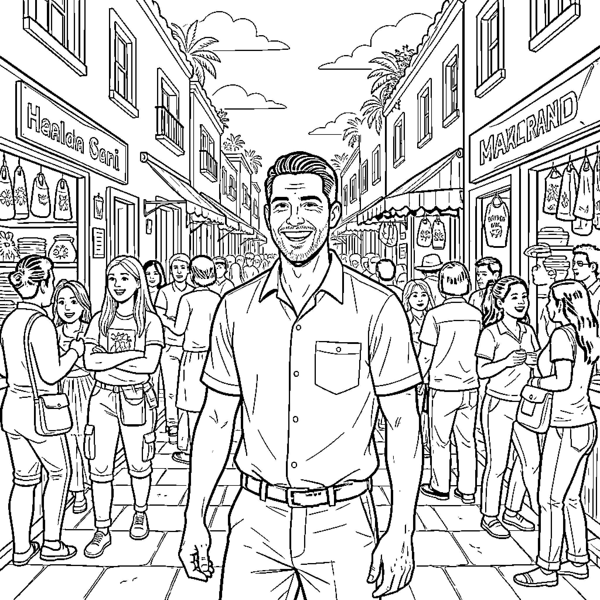 Haaland smiling while walking through a crowded marketplace Coloring Page (free black-and-white line drawing printable PDF for all, from beginners to advanced learners, including children, teens, adults, and seniors)